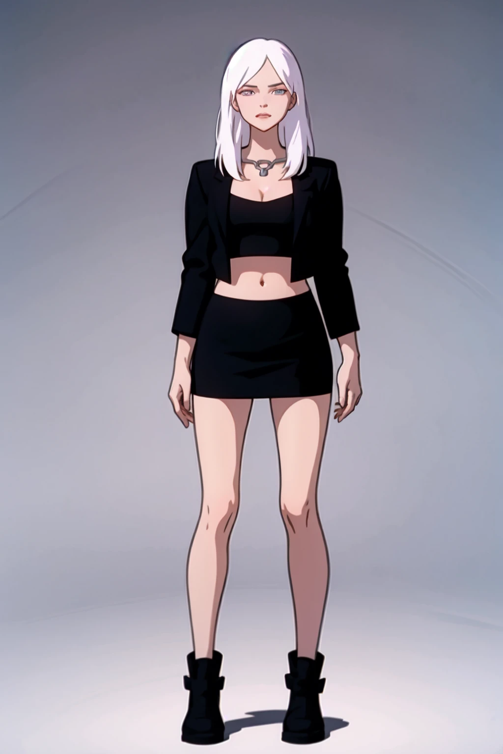 shlainn blaze, full body, simple background, grey background, standing, looking at viewer, black jacket, purple crop top, cleavage, midriff, black miniskirt, white socks, black ankle boots