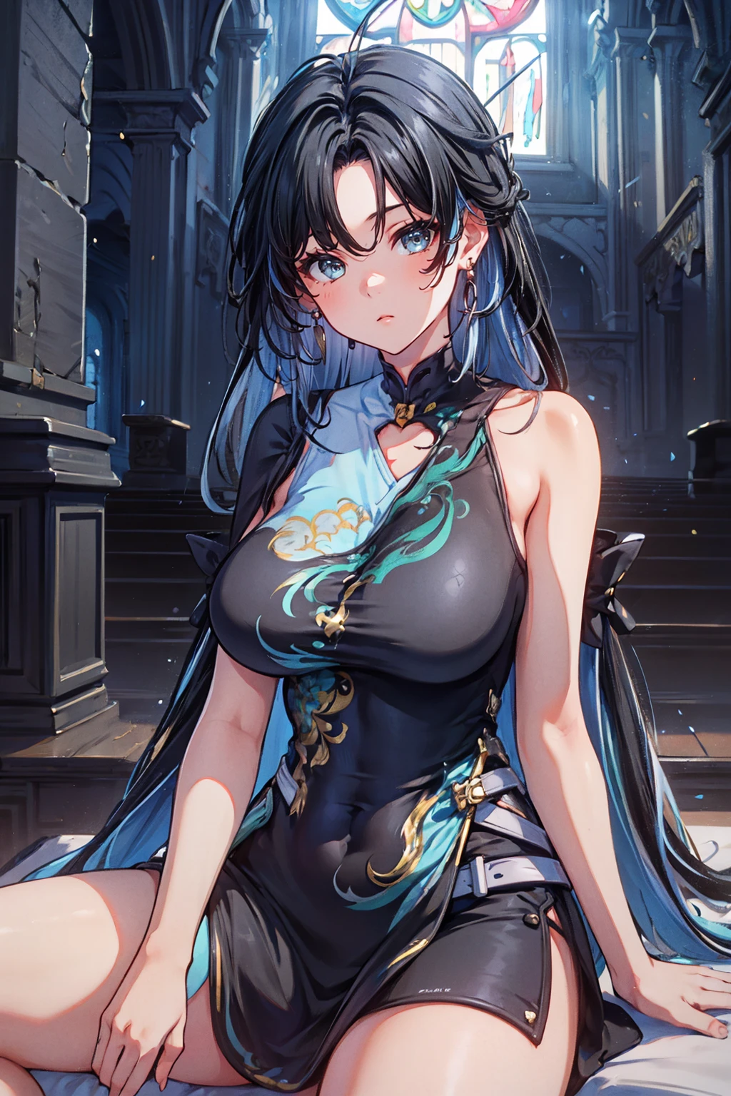 ((Highest quality、unity 8k wallpaper、32K、masterpiece、Very detailed、Ultra-high resolution、Ultra-high resolution、 Very detailedな顔, RAW Photos, Professional, Ultra-fine painting, Anatomically accurate lizard man)) Kotegawa Yui morphing into lizardwomen, kotegawayui, black long hair, yellow eyes, ((Reptilian eyes)、Mouth with sharp fangs、From shoulder to clavicle、Covered in fine scales up to the neck、(Small dorsal fin、Above the buttocks、A long, impressive lizard tail connected to the spine growing from the tailbone) 、Lizard legs with sharp claws、Fine blue scales growing like thigh-high socks、Fine blue scales growing like long gloves、Long fingernails)、Nipples in full view、((Fine scales on the flank、Fine blue scales growing around the waist, Scales on the back、Scales from flank to thigh))、behind