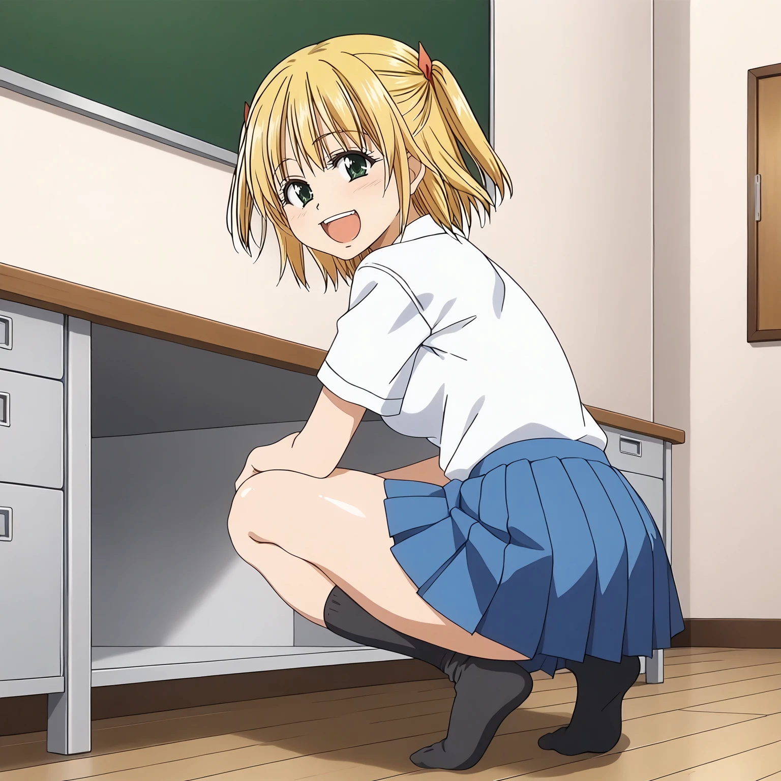 <lora:YuiWadaXLpony001>,
smile,open mouth,
solo,
YuiWada,1girl,blonde hair,two side up,medium hair,green eyes,
school_uniform,white shirt,short_sleeves,
pleated_skirt,blue skirt,
black socks,
indoors,
full body,squatting,looking back,