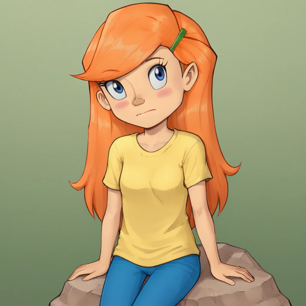 score_7_up, BREAK, Riley,  1girl, solo, orange hair, long hair, blue eyes, hairclip, yellow t-shirt, blue pants,  <lora:RileyDaring_FluffyStyle_PXL_Leaf1:0.8>, looking at viewer, sitting on rock, cowboy shot, closed mouth,