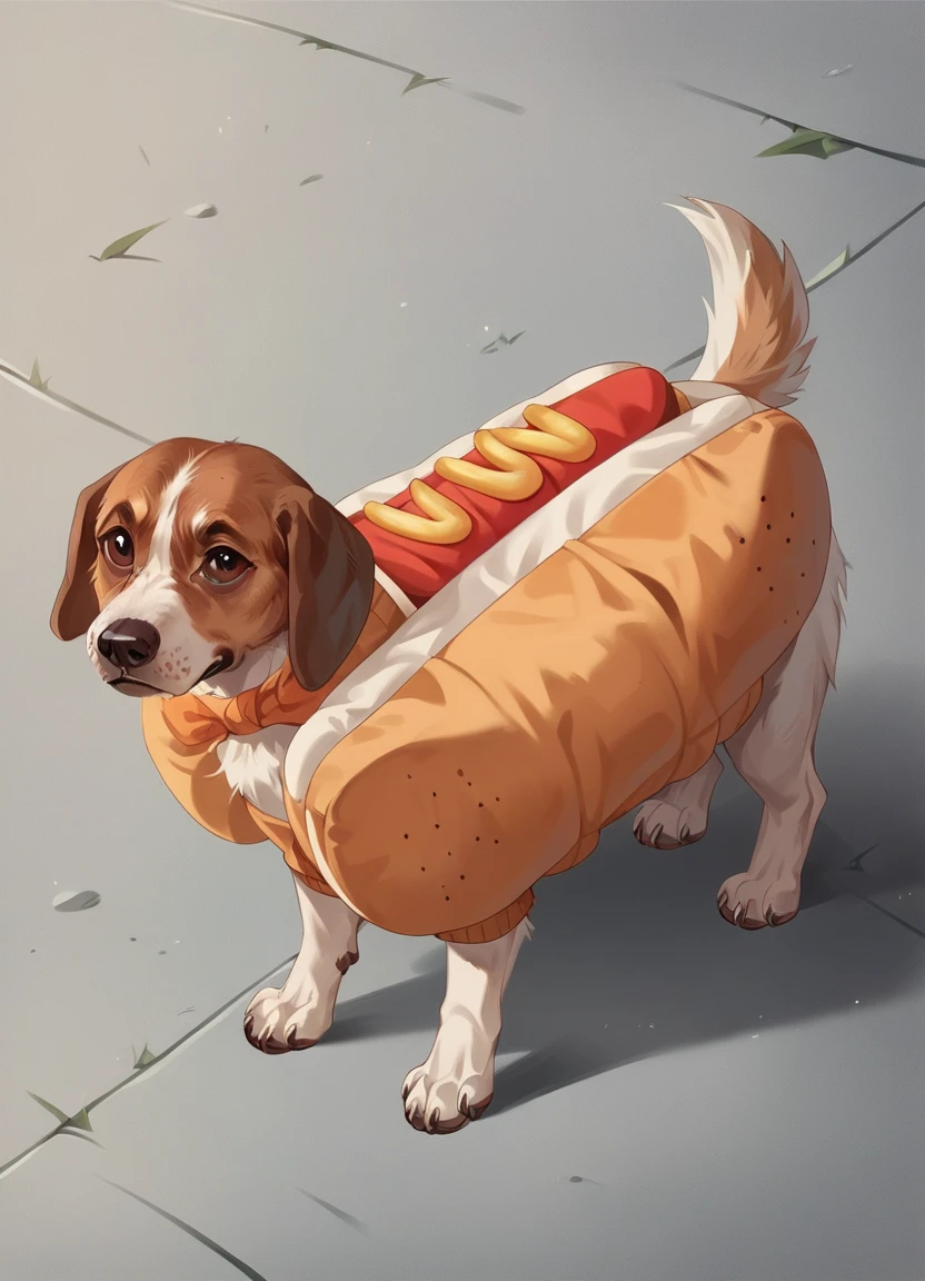 catalog shot of score_9, score_8_up, score_7_up, score_6_up, score_5_up, score_4_up, hud_d0g, no humans, animal focus, white dog, hot dog costume, mustard, <lora:doggy:0.7>, outdoors, yard unbuttoned