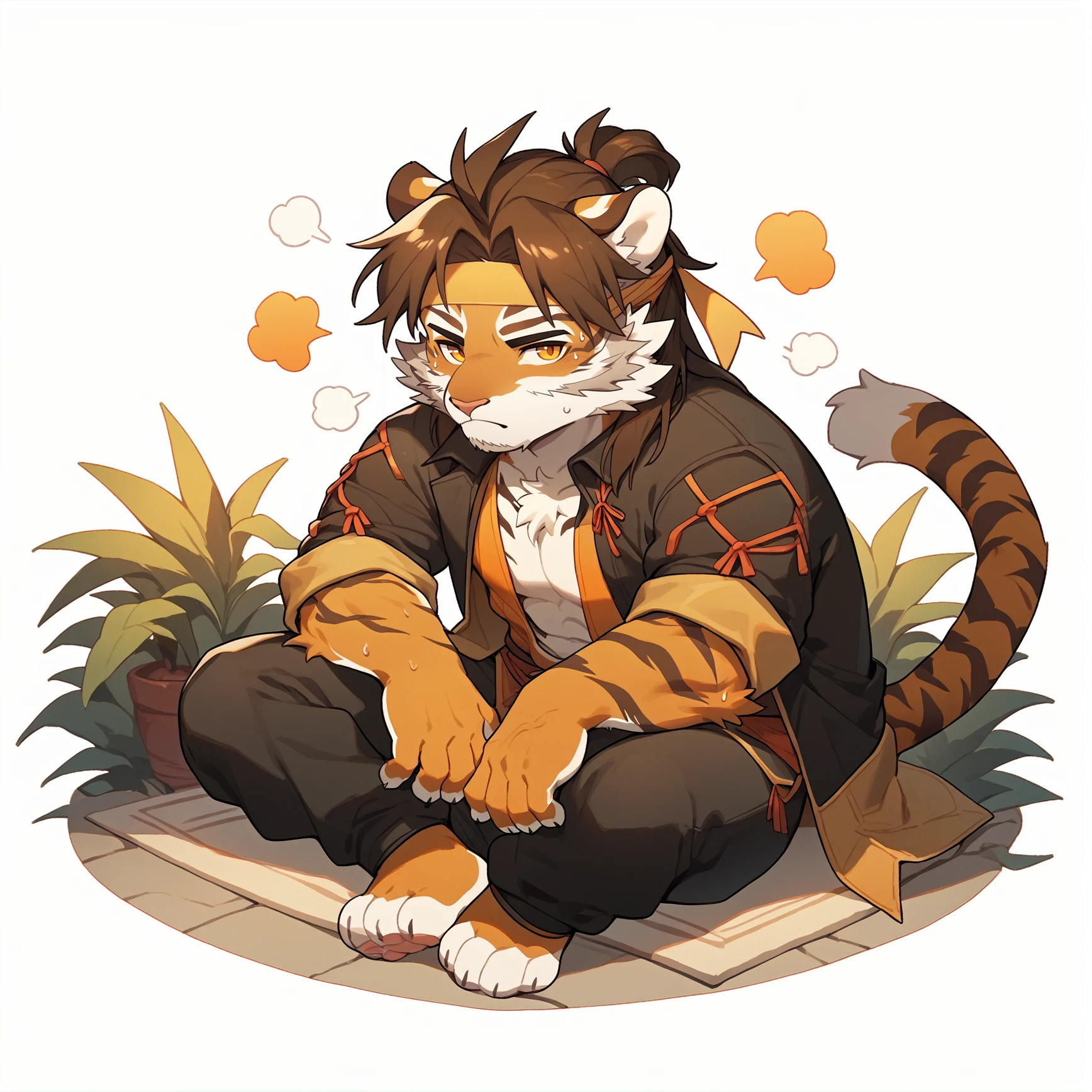 score_9,score_8 up,score_7 up,score_6 up,score_furry,
æ§å¤©è£´,manthro,tiger,solo,male,felid,black clothes,brown hair,striped fur,twitch emote,chibi,cute,striped body,yellow tur,banhair,fur,countershading,stripes,white background,clothed,sitting,orange fur,white body,sweat,aged up,looking at viewer,full body,<lora:Huai_Tianpei_XL_Pony_1-000010:0.8>,<lora:NijiEmotePDXL:0.8>,