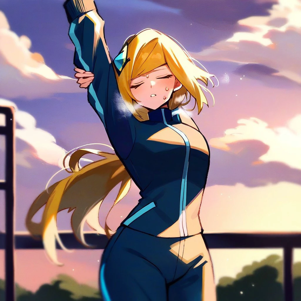 score_9,score_8_up,score_7_up,score_6_up,score_5_up,score_4_up, solo, 1girl, blonde hair, closed eyes, long hair, ponytail, hair ornament, stretching, arm up, tracksuit, blue tracksuit, parted lips, sunset, cloud, outdoors, sweat, breath, heavy breathing, exercise