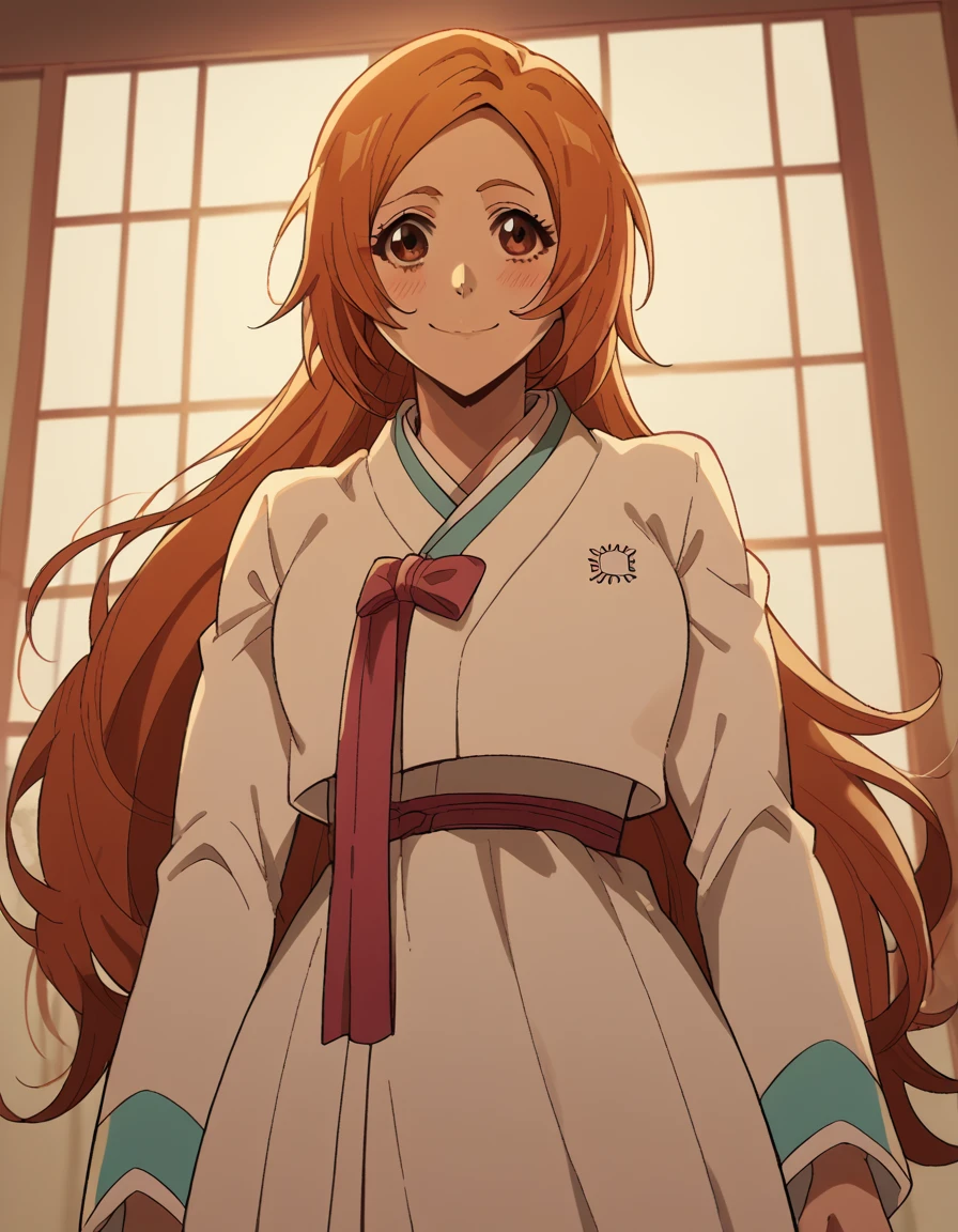 score_9, score_8_up, score_7_up, source_anime, inoueorihime, <lora:inoue-orihime-tybw-ponyxl-lora-nochekaiser:1>, inoue orihime, long hair, orange hair, brown eyes,, <lora:hanbok-ponyxl-lora-nochekaiser:1>, hanbok, korean clothes,, indoors, smile, blush,, cowboy shot, dutch angle, looking at viewer,