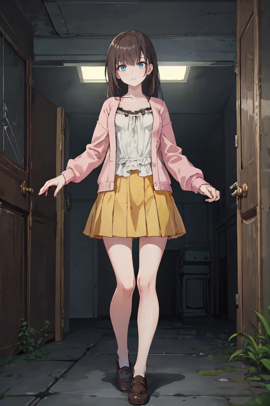 masterpiece, best quality, highres,
1girl, solo, mio ikoma, long brown hair, blue eyes, open pink cardigan, white blouse underneath, yellow knee-length skirt, brown leather shoes, <lora:Mio Ikoma:0.7>, standing, mid-action, indoors, haunted house, late afternoon, eerie atmosphere, dark clouds, dim sunlight, overgrown garden, spooky ambiance, holding camera, frightened expression, shadowy figures in background, flickering lights, cobwebs, decayed furniture