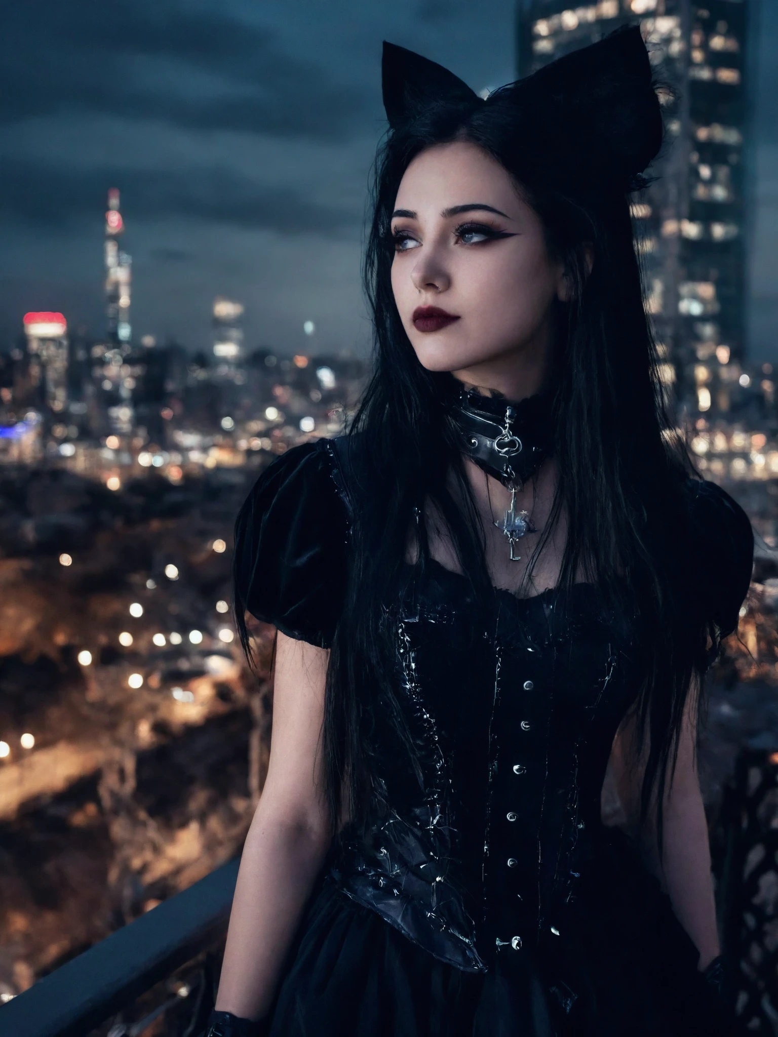 goth a woman wearing goth clothe , city skyline, __acion__,  <lora:goth-XL:0.8>