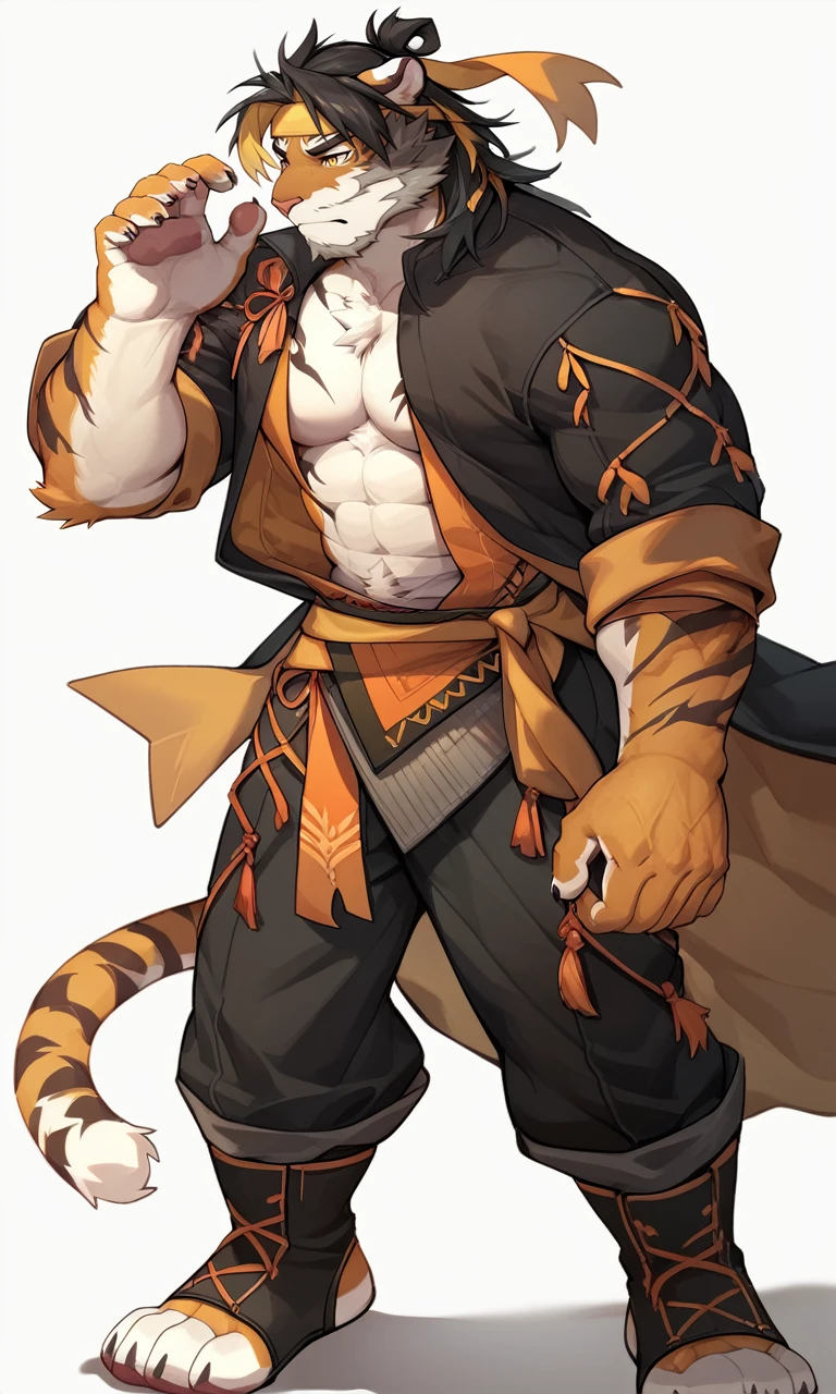 score_9,score_8 up,score_7 up,score_6 up,score_furry,hi res,
æ§å¤©è£´,manthro,tiger,solo,male,felid,Black clothes,muscular,striped fur,striped body,yellow turbanhair,fur,countershading,stripes,white background,clothed,5 fingers,Black hair,orange fur,full body,white body,digital media (artwork),<lora:Huai_Tianpei_XL_Pony_1-000008:0.8>,