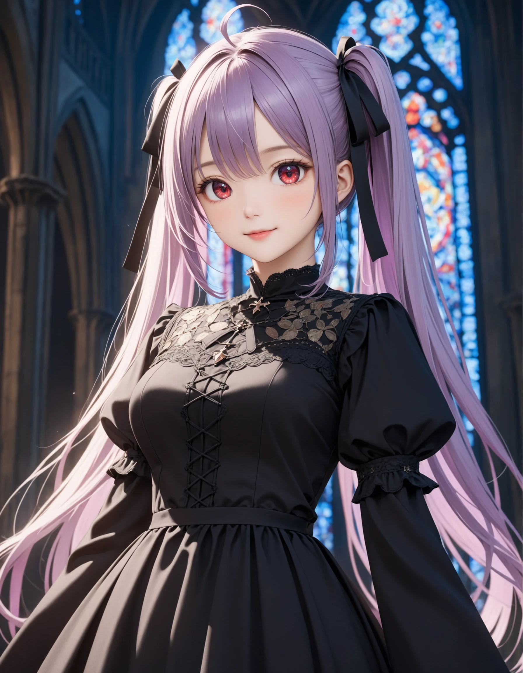 SceneDescription:
- Composition: Upper body shot. Cinematic angle.
- Subject: A 18YO girl.
- Characteristics:
- Face: (Cute round face:1.1).
- Eyes: Detailed dark-red eyes.
- Hair: Long wavy high (twintail:1.2) with black ribbon ornament, (light purple hair), (light purple inner hair), ahoge and hair between eyes.
- Body: Detailed body. (Large breasts:1.1).
- Clothing: Black gothic dress, ruffled short sleeves and layerd skirt.
- Expression: Light smile. Close mouth.
- Posing: Stylish pose. Looking at viewer.
- Background: Inside medieval church.
- Elements: Stained glass.
Time: (Night:1.2).
Lighting: (Blue hour light:1.4).
ArtStyle: Gothic style. Photorealistic.
Quality: Intricate details. Extremely detailed. Outstanding intricacies. (Masterpiece:1.2). (Best quality:1.2). (Absurdres absolutely resolution:1.4).
Mood: Serene atmosphere.