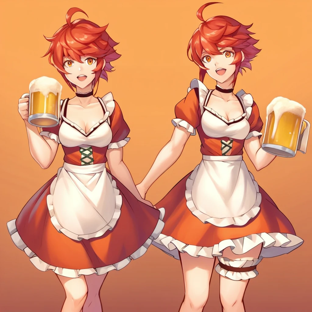 EnD_Hinoka, 1girl, ahoge, alcohol, apron, beer, beer mug, bridal garter, choker, cleavage, collarbone, cup, dirndl, dress, frilled dress, frills, german clothes, gradient, gradient background, holding, holding cup, looking at viewer, medium breasts, mug, open mouth, orange background, orange eyes, puffy short sleeves, puffy sleeves, red dress, red hair, short dress, short hair, short sleeves, smile, solo, standing, waist apron, white apron,score_9, score_8_up, score_7_up, score_6_up, score_5_up, score_4_up,