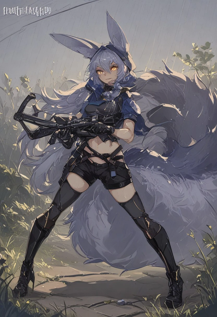 Expressiveh, By bad artist, bad_prompt_version2, score_9, score_8_up, score_7_up, 1girl, shuuko, provence, animal ears, tail, wolf tail, purple hair, wolf ears, long hair, yellow eyes, braid, large tail, hair between eyes, bangs, navel,  breasts, gloves, short sleeves, hood, shorts, high heels, black footwear, boots, high heel boots, thighhigh, black thighhighs, black shorts, black gloves, jaket, midriff, full body, holding weapon, aiming gun, field of grass, forest, rain