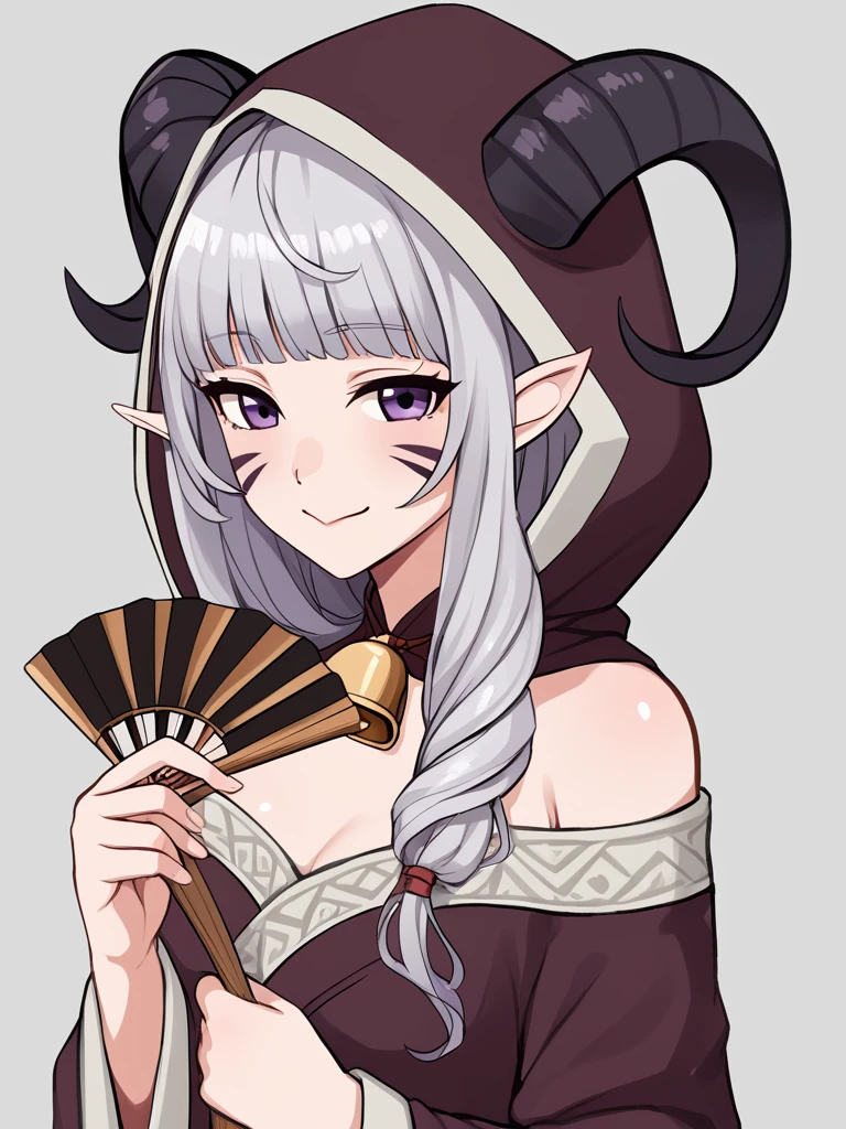 (((folding_fan, holding fan))), source_furry, score_7_up, rating_safe, cowboy shot, gold necklace, tiefing, short pointed ears, horns, (a pair of brown sheep Horns that begin at her temples and curve back: 1.5), bangs,long silver hair long wavy hair, pale skin,<lora:whisker_markings:0.8> whisker_markings:1.4 , pointy ears, purple eyes:1.2, <lora:age_slider_v4:0.6>   medium breasts, skinny female, close up, silver hair, <lora:Tieflingnew weird fantasyDND:0.3> Tiefling, pointed ears, horns,  naughty face,  bell, robe, hood off, <lora:Nanoless_Artist_Style_PonyXL:0.3>  simple background:1.3, <lora:folding_fan:0.8>