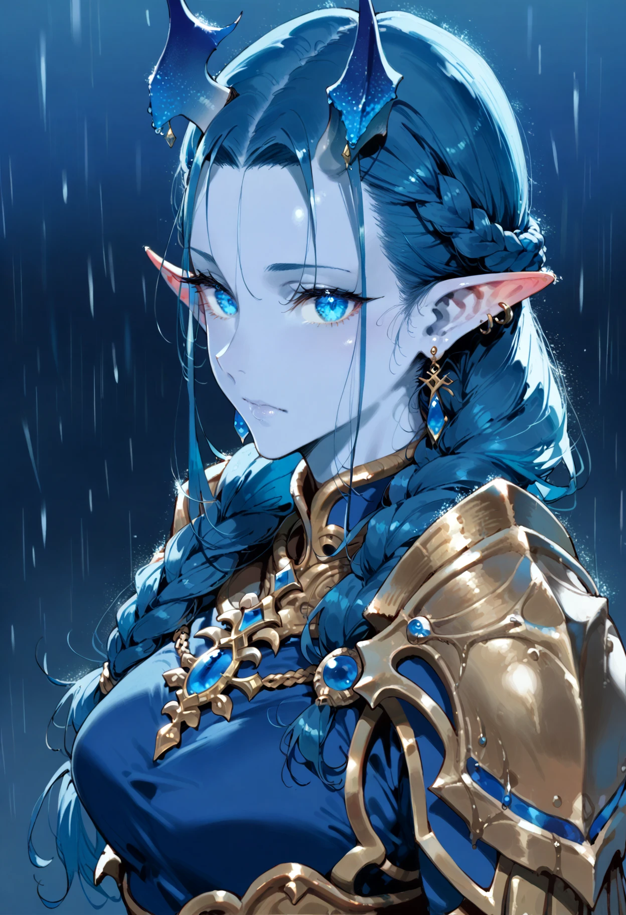 score_9, score_8_up, score_7_up,  1girl,solo,long hair,looking at viewer,blue eyes,jewelry,closed mouth,blue hair,braid,earrings,horns,pointy ears,armor,glowing,colored skin,elf,shoulder armor,glowing eyes,rain,pauldrons,blue theme,blue skin