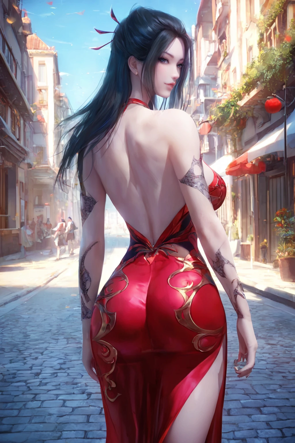 score_9, score_8_up, score_7,  1girl, highly detail,beautiful detailed black eyes,looking at viewer,<lora:Sakimi_Chan_-_Style:0.3>,sakimichan,<lora:yanlingjixl:1>,black hair, breasts, on street,walking, from behind,looking back, dress flip,, masterpiece, best quality,