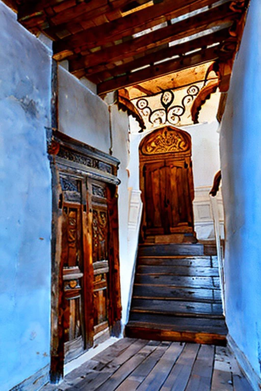 Indian_Interior, InteriorType:Stairway, An intricately carved wooden architectural structure, possibly a part of a traditional building. Two ornate wooden arches, each crowned with a decorative motif, flank a staircase. The staircase itself is made of dark wood and has a worn-out appearance. The floor is made of terracotta tiles, and there's a white wall in the background. Above, a wooden ceiling with a golden hue can be seen. A small electrical box is mounted on one of the walls.