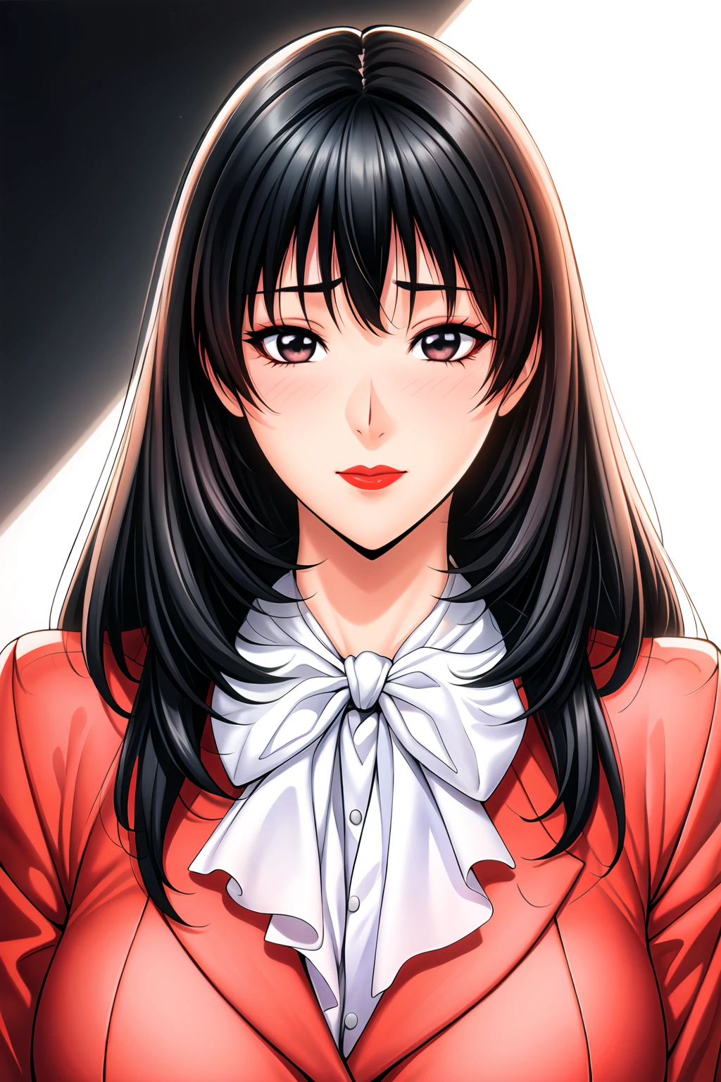 Simple Background,White Background,
dynamic pose,standing at attention,
Red Jacket , long sleeves, White neckerchief,  
<lora:Kisaragi_Marina_GTaste-KK77-V1:0.7>,
black eyes, black hair,bangs,Long hair,Makeup, red lipstick, 
<lora:more_details:0.1>,<lora:Oda_Non_Style-KK77-V2:0.3>,<lora:Sexy_AIart-KK77-V1:0.3>,
1 girl, 20yo,Young female,Beautiful long legs,Beautiful body,
Beautiful Nose,Beautiful character design, perfect eyes, perfect face,expressive eyes,perfect balance,
looking at viewer,(Focus on her face),closed mouth, (innocent_big_eyes:1.0),(Light_Smile:0.3),
official art,extremely detailed CG unity 8k wallpaper, perfect lighting,Colorful, Bright_Front_face_Lighting,White skin,
(masterpiece:1.0),(best_quality:1.0), ultra high res,4K,ultra-detailed,
photography, 8K, HDR, highres, absurdres:1.2, Kodak portra 400, film grain, blurry background, bokeh:1.2, lens flare, (vibrant_color:1.2),professional photograph,
(Beautiful,large_Breasts:1.4), (beautiful_face:1.5),(narrow_waist),