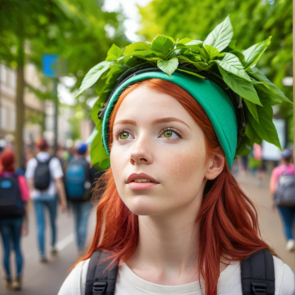 young woman, red hair, green leafy headwear, botanical-themed clothing, looking upward, optimistic expression, street setting, environmental activism, protest sign partial view, natural makeup, backpack, bokeh background, daylight, sharp focus on subject, vibrant colors, outdoor, youth empowerment, European features, candid portrait, close-up ,<lora:ç§å¹»-000004:0.8>