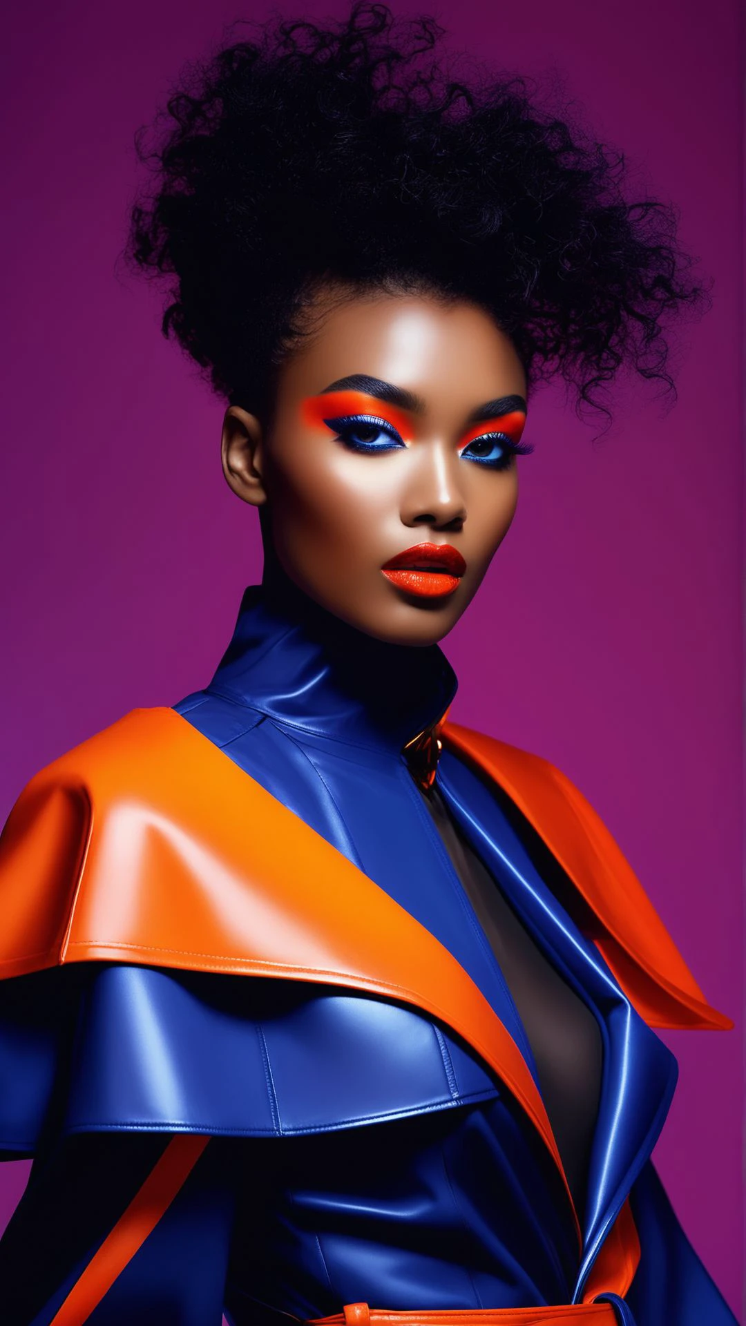 fashion photography, high fashion model, avant-garde outfit, dramatic pose, vibrant background, bold makeup, strong lighting, editorial style, artistic expression, cutting-edge and stylish