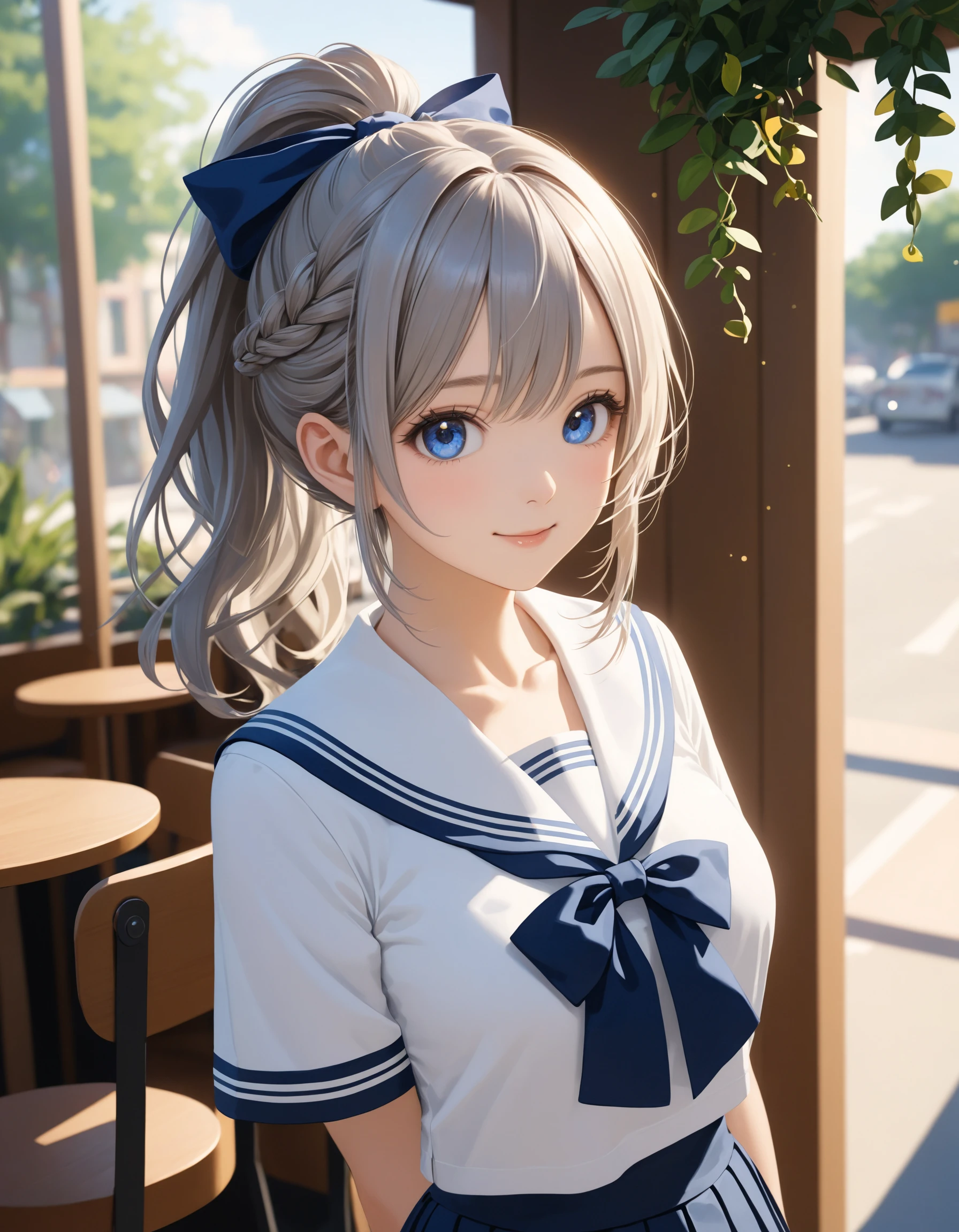 SceneDescription:
- Composition: Upper body shot. Shooting from front.
- Subject: A cute girl.
- Characteristics:
- Face: (Cute round face:1.1).
- Eyes: Detailed dark-blue eyes.
- Hair: Long wavy high (ponytail:1.2) with big ribbon hair ornament, (gray hair), (gray inner hair), left side french braid, ahoge and hair between eyes.
- Body: Detailed slender body. Large breasts.
- Clothing: School uniform, sailor collar, short sailor sleeves and pleated skirt.
- Expression: Amused expression.
- Posing: (Arms behind back:1.2). Head tilt. Looking at viewer.
- Background: Fashionable cafe street.
- Elements: Decorative plants. Blue sky. Lens flare.
Time: Daytime.
Lighting: (Natural lighting:1.4).
ArtStyle: Photorealistic.
Quality: Intricate details. Extremely detailed. Outstanding intricacies. (Masterpiece:1.2). (Best quality:1.2). (Absurdres absolutely resolution:1.4).
Mood: Serene atmosphere.