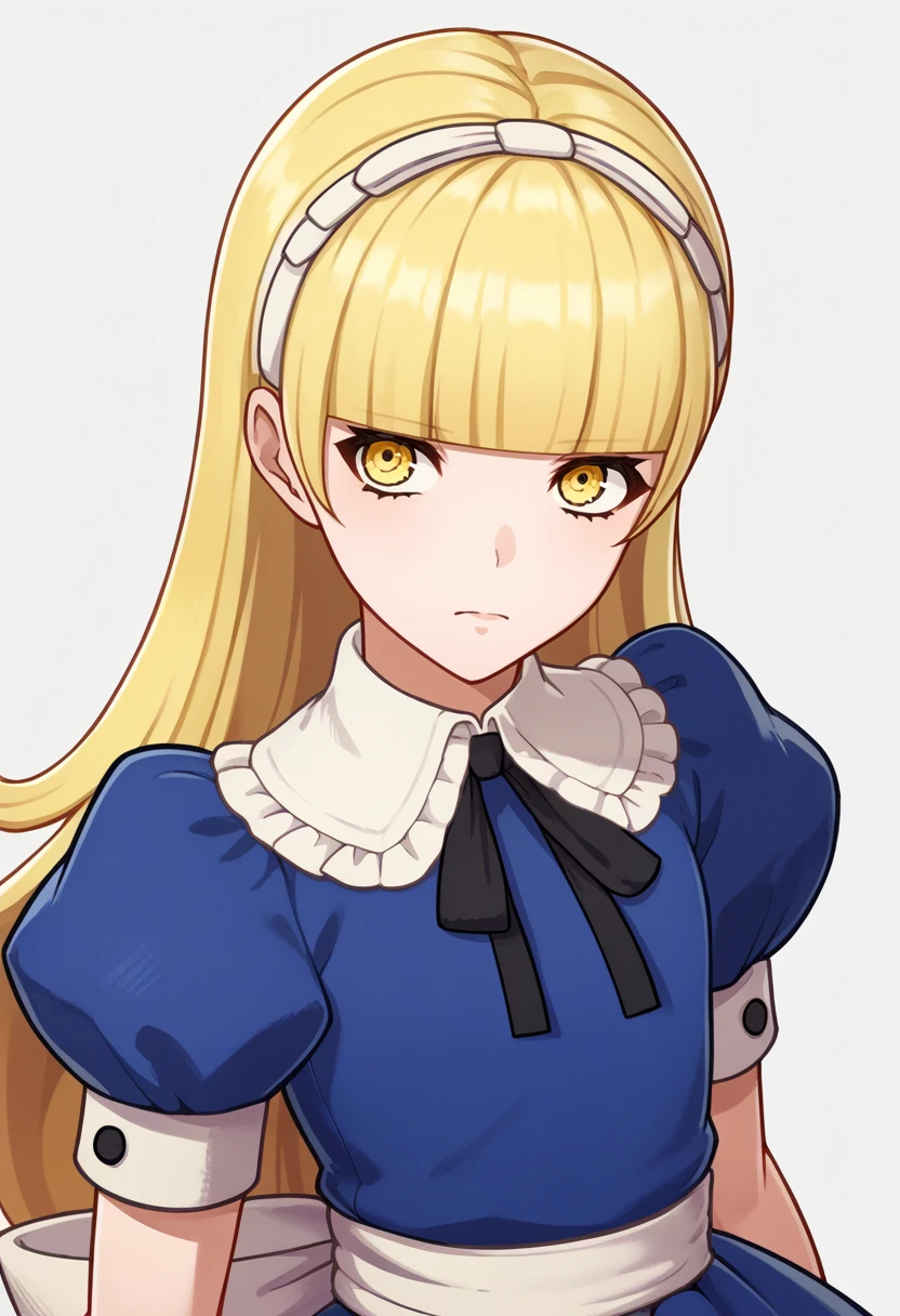 score_9, score_8_up, score_7_up, source_anime BREAK 1girl, solo,
 <lora:zs_EngagePortraitsXL:1> engageportraits, portrait, white background
 <lora:zs_AliceXL:1>  alicesmt, dress, long hair, blonde hair, hairband, blunt bangs, puffy sleeves, blue dress, yellow eyes,