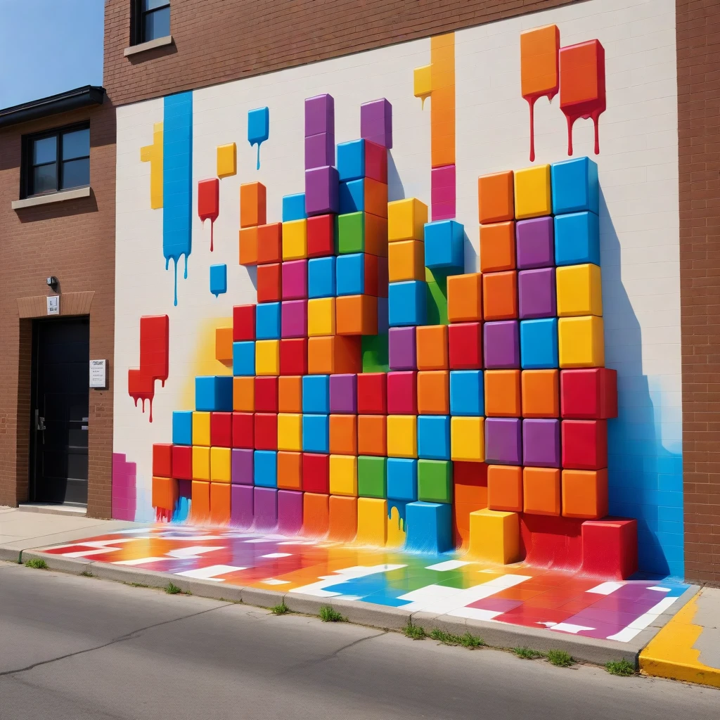 Trompe_l_œil1 A large, outdoor mural depicting colorful Tetris blocks melting like ice cream on a sunny day. The colors drip down a brick wall, pooling on the sidewalk, creating a vivid, surreal scene in an urban setting.
