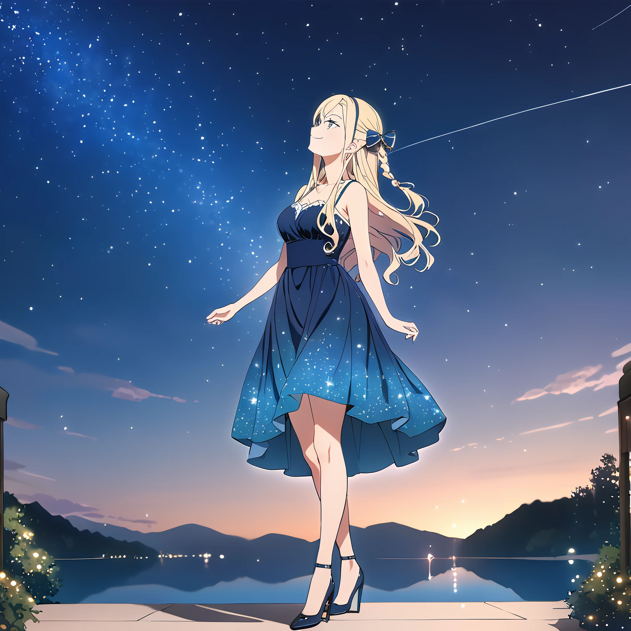 masterpiece,nfsw,star sky,outdoor,smile,
wilhelmina, 1girl, solo, wilhelmina dress, mina hairbow, high heels, standing, looking up,