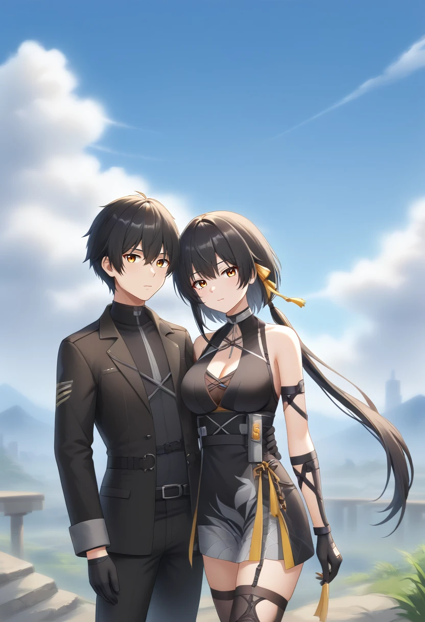 1girl, long hair, breasts, looking at viewer, short hair, bangs, shirt, black hair, thighhighs, gloves, 1boy, dress, cleavage, bare shoulders, closed mouth, jacket, yellow eyes, outdoors, sky, sleeveless, black gloves, pants, cloud, black dress, black jacket, orange eyes, black shirt, sleeveless dress, black pants, cloudy sky, female rover, male rover <lora:SDXL_Hyper:1>  <lora:Timm_Style_XL:1> <lora:StaC_un:1>