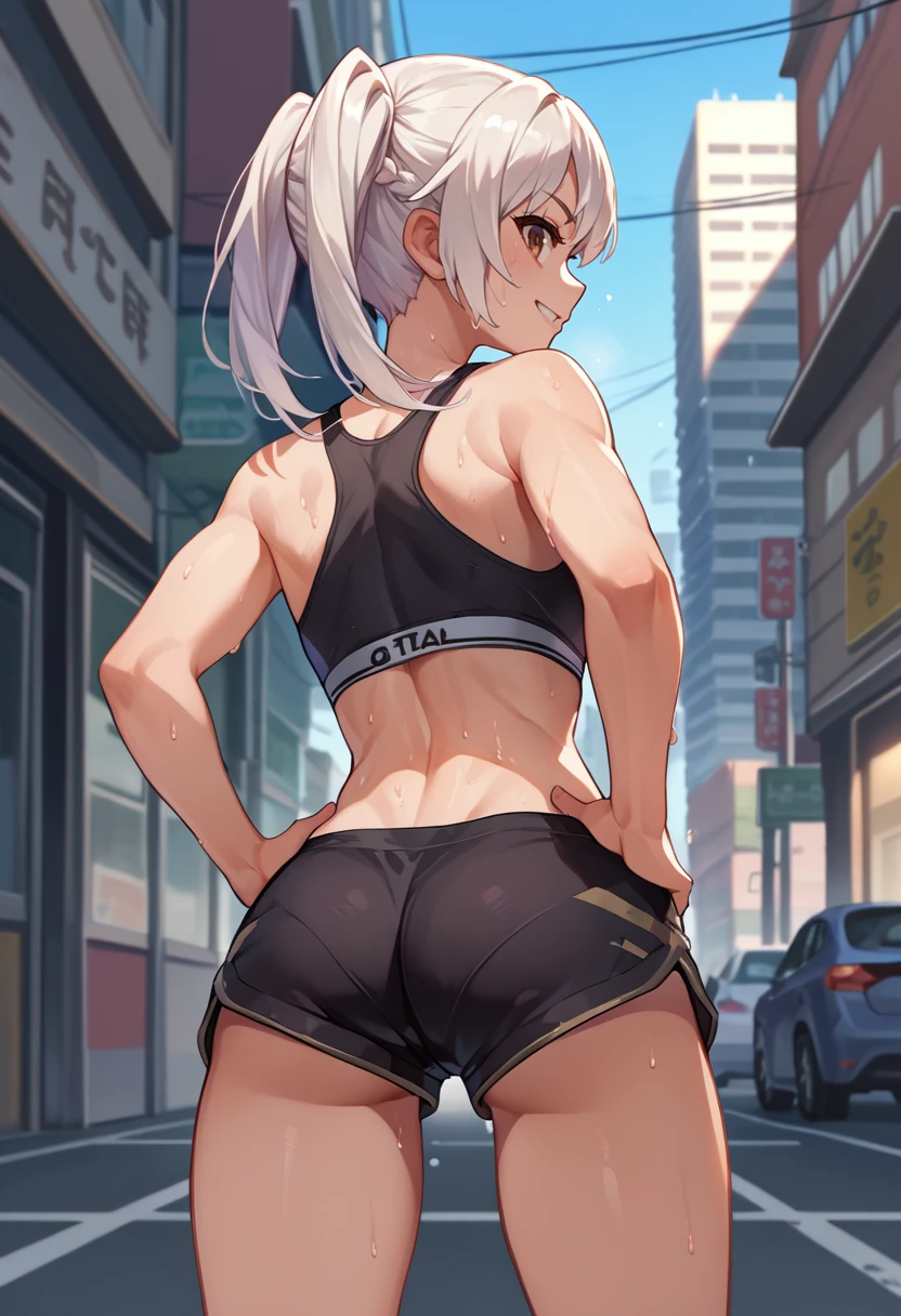 score_9, score_8_up, score_7_up, source_anime, from behind, solo, 1girl, femrobindef, sweat, smile, looking back, hands on own hips, white hair, twintails, brown eyes, black sports bra, black shorts, short shorts, ass, outdoors, city street <lora:fireemblem_femrobin_ponyXL-000008:1>