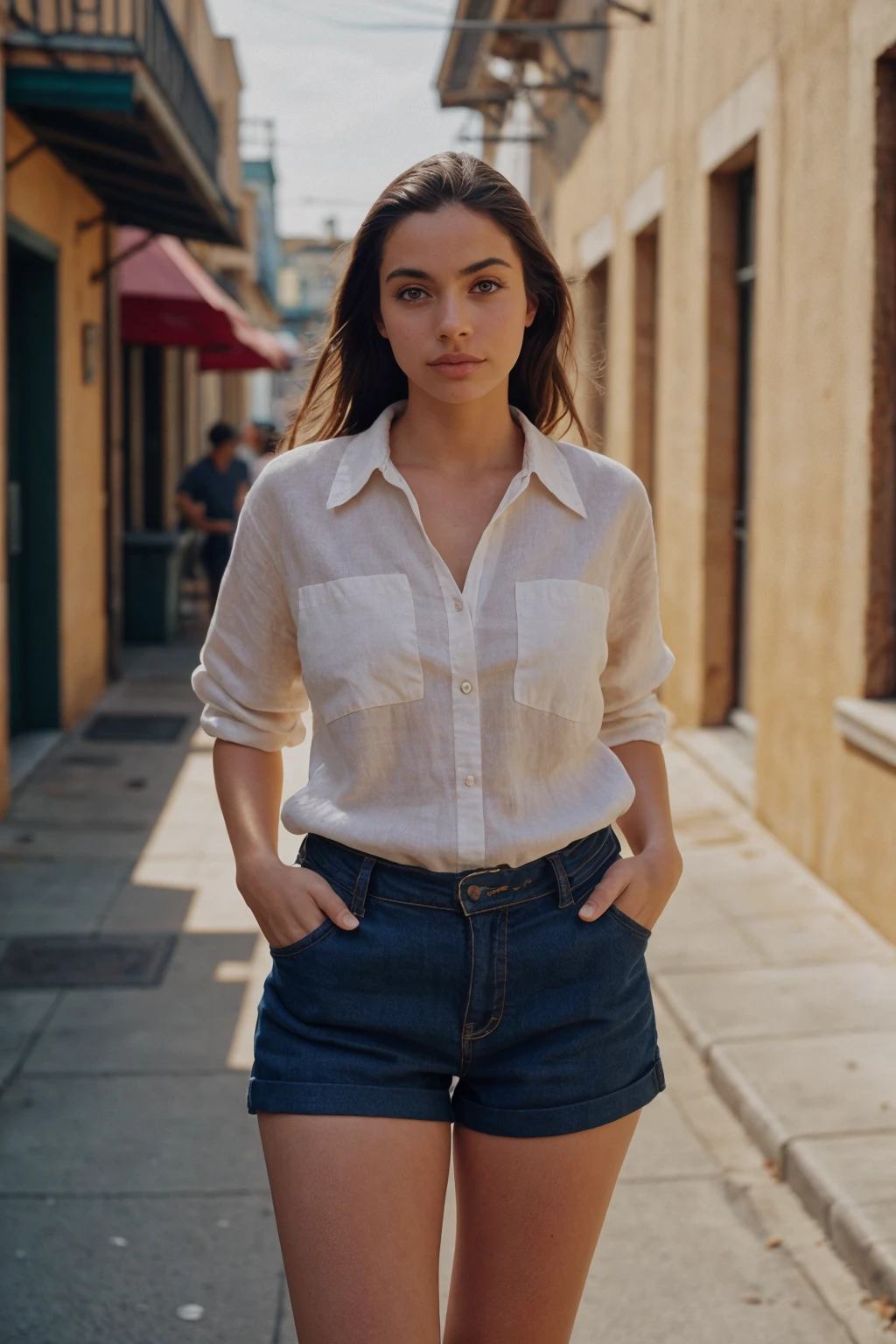 a woman wearing linen shirt and Bermuda shorts, (quiet alleyway, cobblestones, quaint shops, hidden gem:0.6), (golden hour:0.4)  <lora:[PR]_-_Priscilla_Huggins_Ortiz:1> mt-priscilla, RAW candid cinema, 16mm, color graded portra 400 film, remarkable color, ultra realistic, textured skin, remarkable detailed pupils, realistic dull skin noise, visible skin detail, skin fuzz, dry skin, shot with cinematic camera