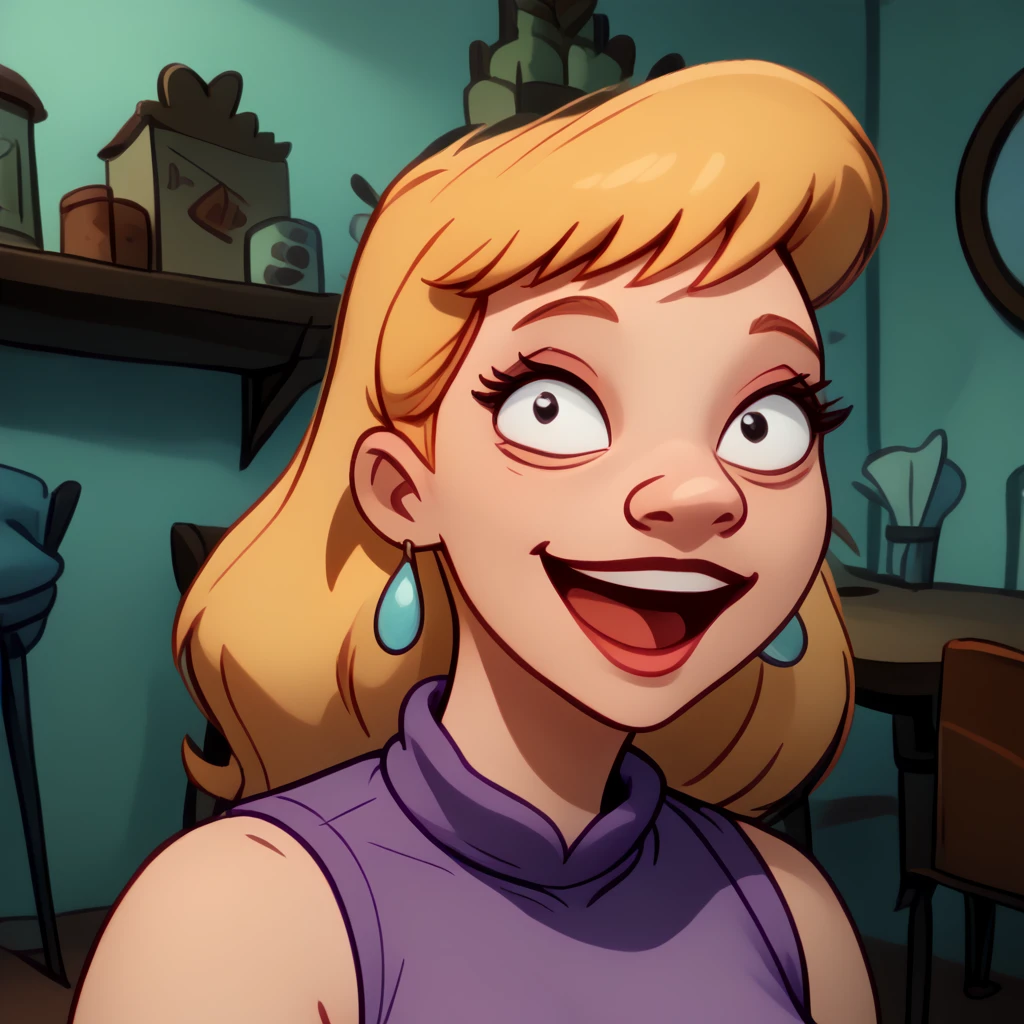 <lora:Torvalds_Mom_-_Hey_Arnold_-_1996-09:1> 1girl, blonde hair, eye shadow, purple dress, earrings, sleeveless dress with floral print, solo, indoors, jewelry, floral print, smile, sleeveless, dress, long hair, open mouth, parody, portrait, lowered eyelids, smile, open mouth, source_cartoon, score_9, score_8_up, score_7_up,