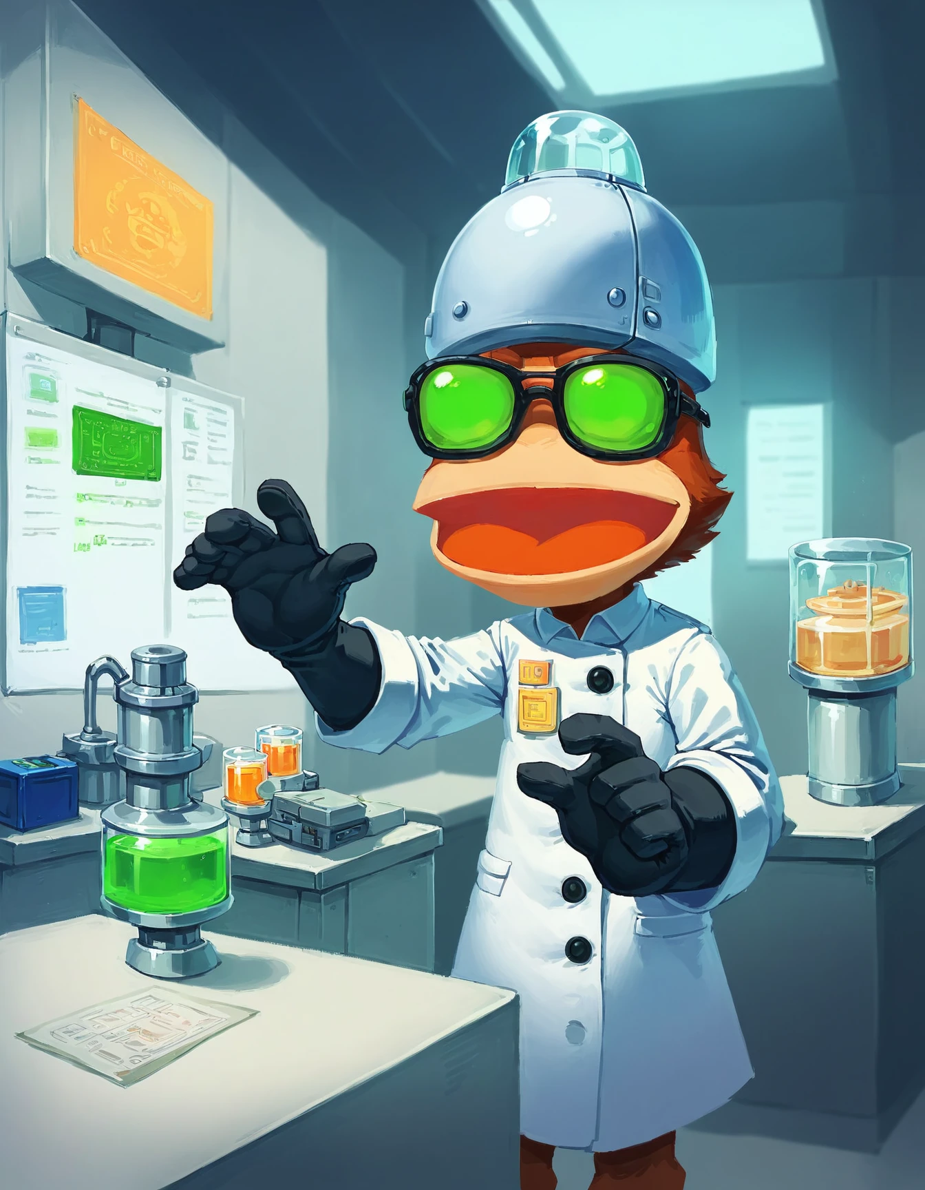 (score_9, score_8_up, score_7_up:1.1), <lora:ApeEscapePipo:1>, pipo, helmet, Biotechnologist portrait, lab coat, safety glasses, gloves, in a (research laboratory, interior:1.1)