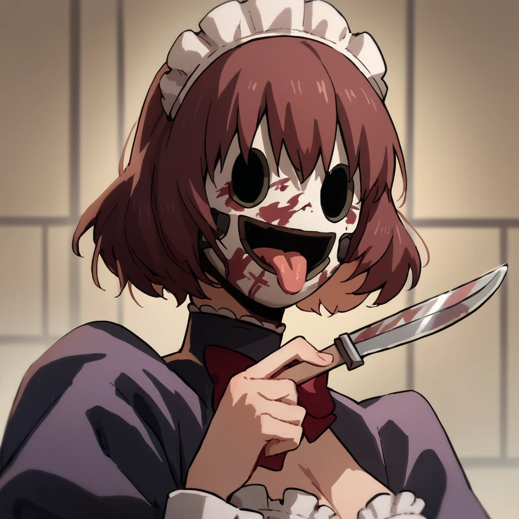 score_9, score_8_up, score_7_up, score_6_up, score_5_up, score_4_up, source_anime,  Servant2, maid, mask, horror theme, knife, holding knife, portrait, licking knife