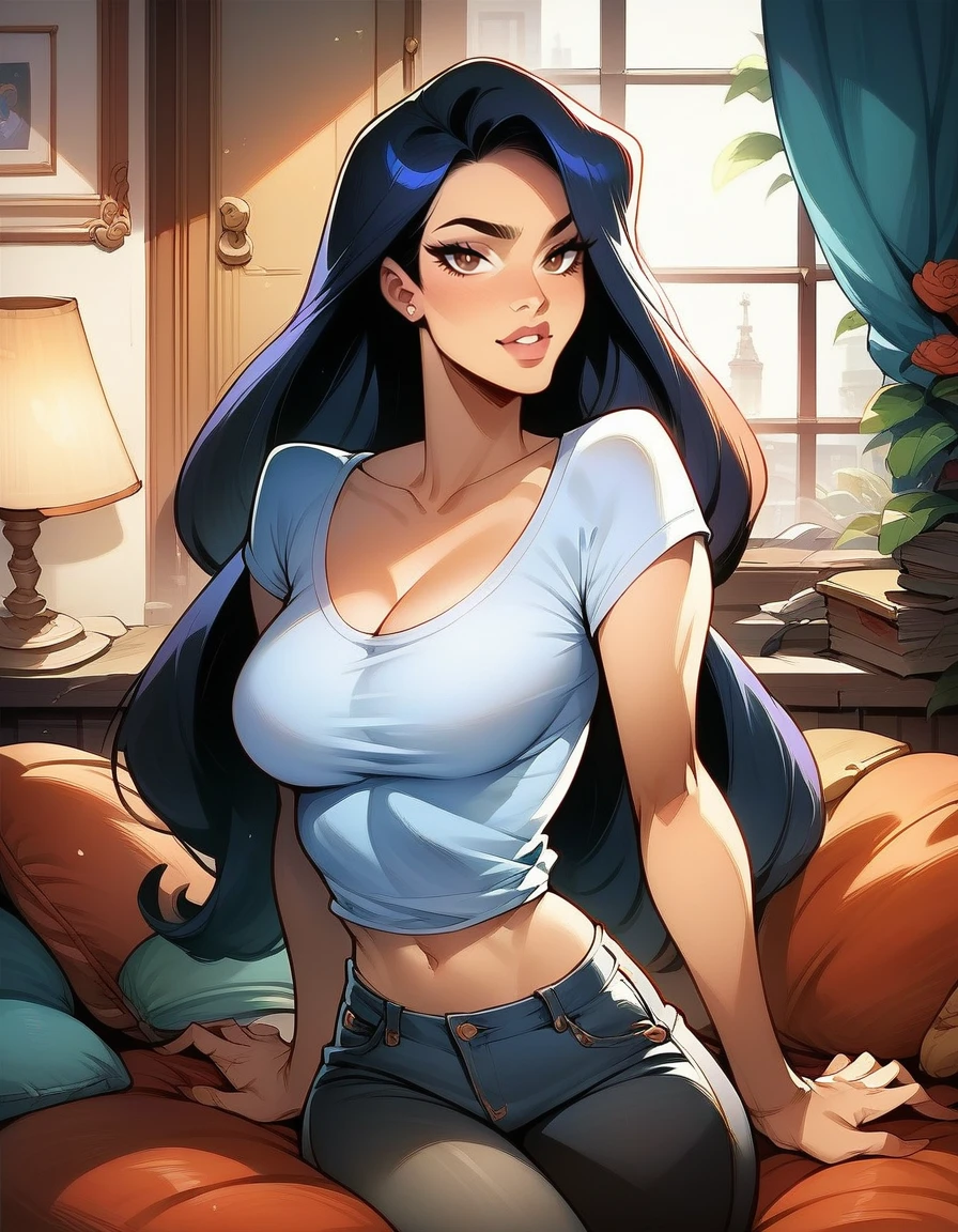 score_9, score_8_up, score_7_up, score_6_up, score_5_up, score_4_up, rating_safe, source_cartoon, Elisa Maza 1girl, solo, long hair, breasts, looking at viewer, black hair, sexy, indoors, bedroom, brown eyes, looking at viewer, midriff peek, 