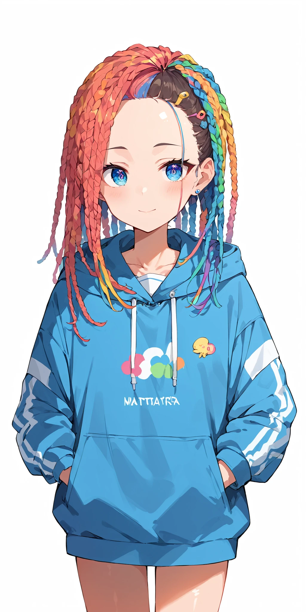 score_9, score_8_up, score_7_up,source_anime, high res image,masterpiece,best quality,girl,cute face,clear skin,shiny hair,ultra detailed eyes,simple background , <lora:dreadlocks_pony_V1.0:1> dreadlocks,colorfull hair <lora:hoodie_pony_V1.0:1> jyojifuku, hood