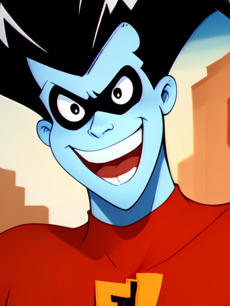 <lora:Freakazoid_-_1995-10:1.75>1boy, Freakazoid, muscular, mask_over_eyes, black hair, updo, lightning bolts in hair, blue skin, colored_skin, red_body_suit, close up, goofy, smile, grin, mouth open, teeth, open mouth, shoulders, upper body, source_cartoon, score_9, score_8_up, score_7_up,