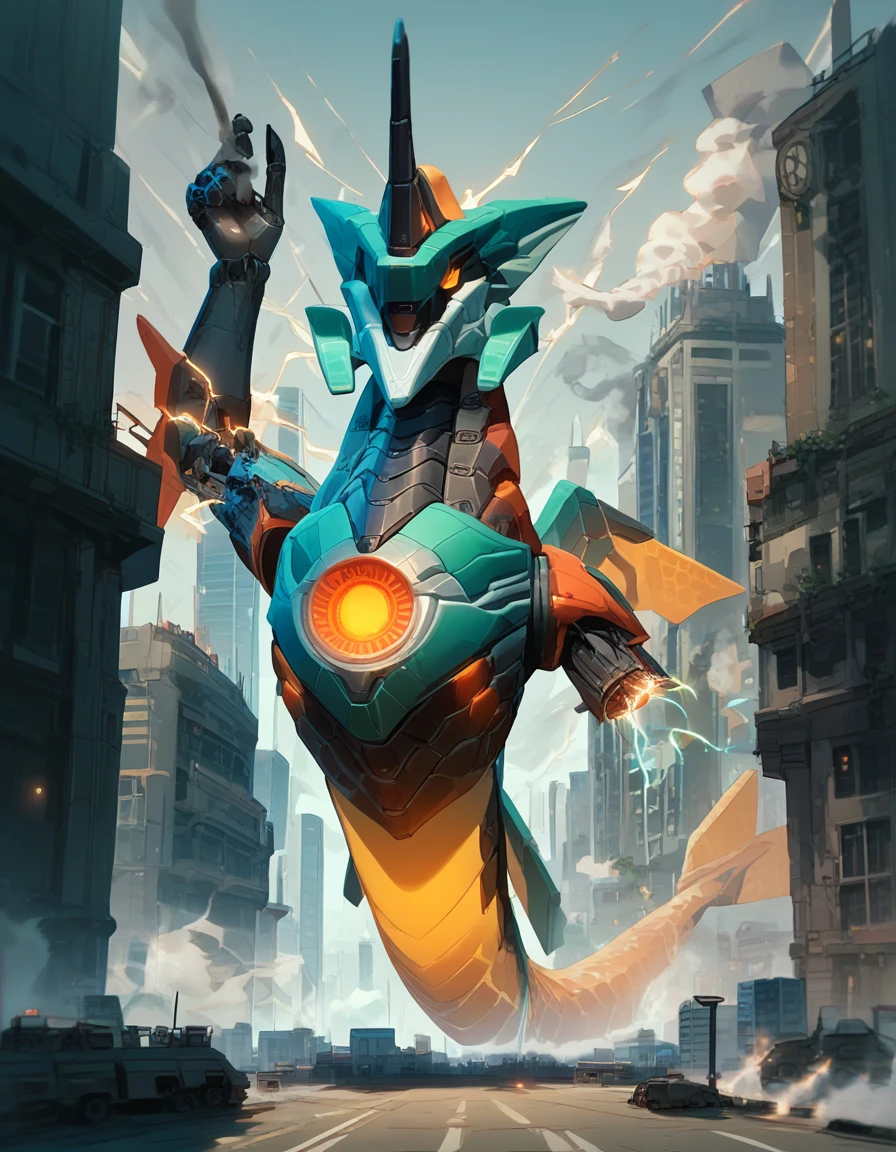 score_9, score_8_up, score_7_up, score_6_up, score_5_up, [mecha, aurelionsol], eastern dragon, tail, feral, [[robot]], (severed arm), damaged arms, (wings, raised arm:0.8), city, outside, steam, smoke, electricity, detailed, macro