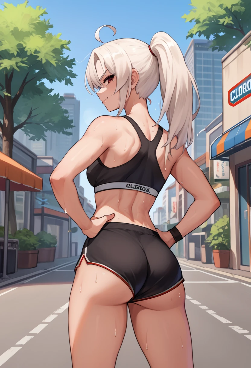 score_9, score_8_up, score_7_up, source_anime, from behind, solo, 1girl, clorox-chan, sweat, smirk, looking back, hands on own hips, long hair, white hair, ponytail, ahoge, black sports bra, black shorts, short shorts, ass, outdoors, city street <lora:gijinkaseries_clorox_ponyXL:1>