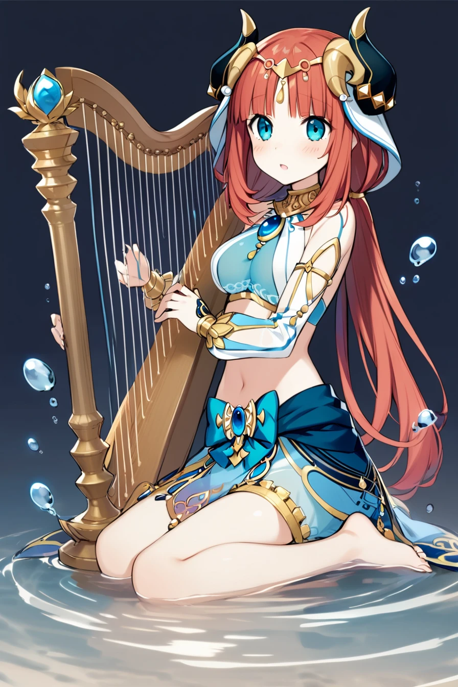 1girl,tsunako, totoki86,
nilou \(genshin impact\),blue gemstone,horns,looking to the side,on water,ocean,nsfw,wariza,see-through swimsuit,ripples,water drop, full body,see-through,gradient background,harp, playing harp,barefoot, <lora:harpSY:1>