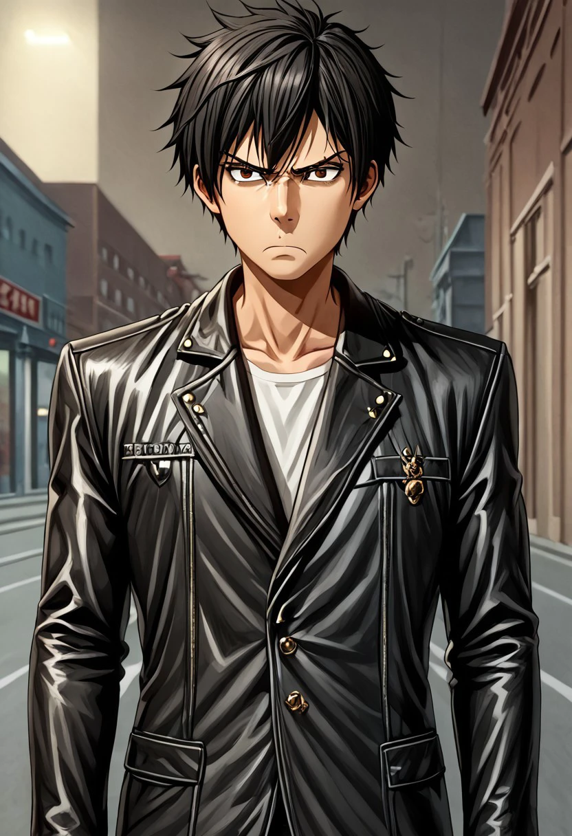 high resolution, solo, best quality, 1Boy, Seiya Kanie, Black Hair, Short Hair, Thin, Brown Eyes, gangster, yakuza, leather jacket, annoyed,