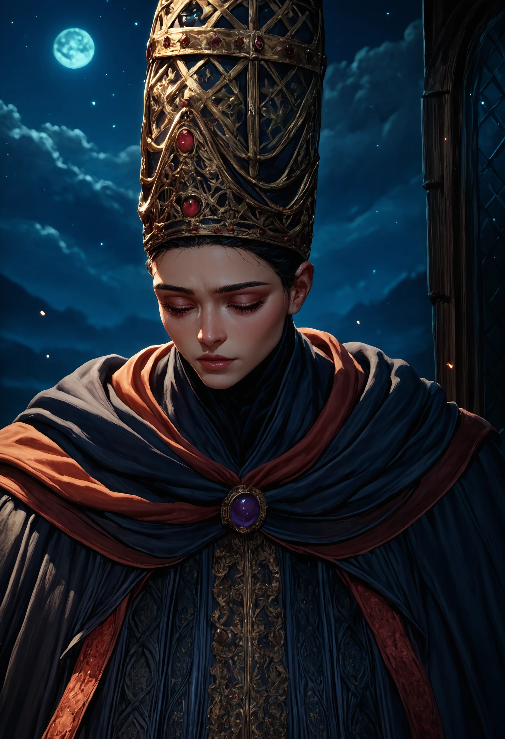 score_9, score_8_up, score_7_up, detailed, Rennala, black hair, crown, dress, robe, <lora:Rennala_pdxl_Incrs_v1:1>, close-up, night, dark enviroment,