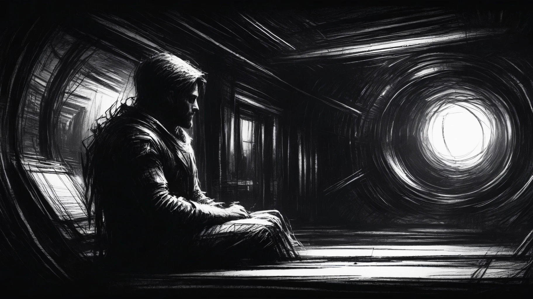 very rough charcoal sketch, scribbles, of a man sitting in a spaceship, staring at the stars, fine lines, bold lines