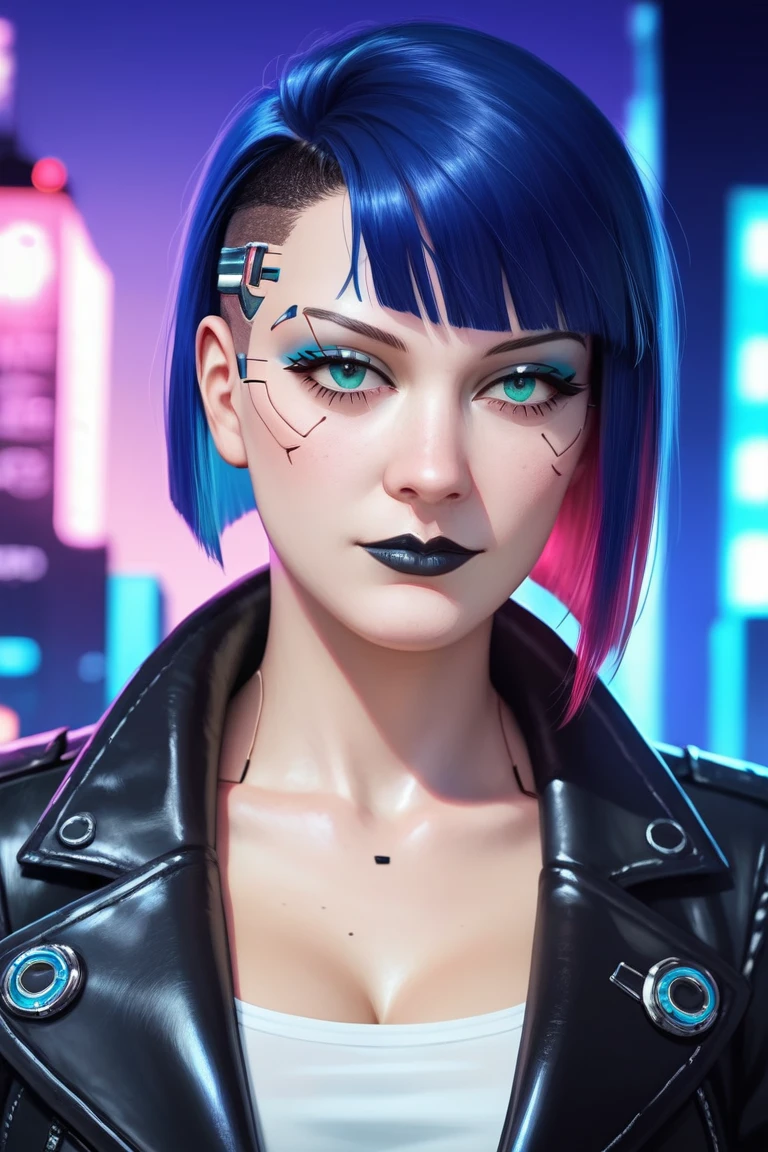 score_9, score_8_up, score_8, (masterpiece, best quality, highly detailed, realistic, cinematic light, night time), source_western, 2.5d, screencap, portrait of  kikmon as a cyberpunk girl, multicolored hair, cyberware in  face,
short bob hair, looking at the viewer, leather jacket, teal see-through croptop, close up, (((night city background))), black lipstick, blue eyeliner
 <lora:Kiki_de_Montparnasse_Pony:0.7> kikmon,