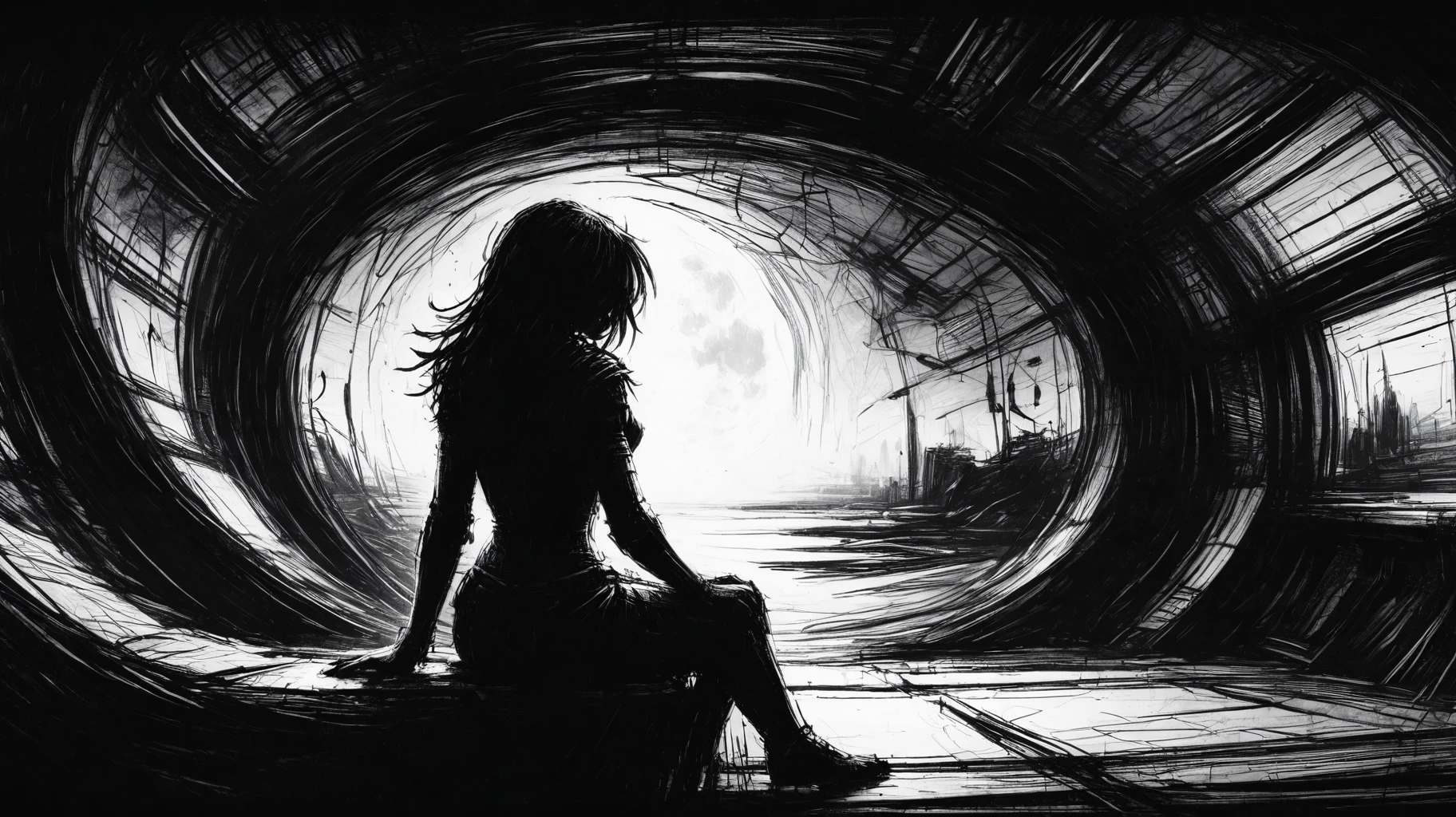 rough sketch, scribbles, woman sitting in a spaceship, staring at the stars