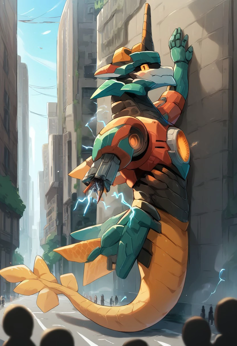 score_9, score_8_up, score_7_up, score_6_up, score_5_up, mecha, aurelionsol, eastern dragon, tail, feral, [robot, bnp], (((severed arm))), (wings:0.7), against wall, city, outside, steam, smoke, electricity, looking at viewer, detailed, macro, (crowd), side view