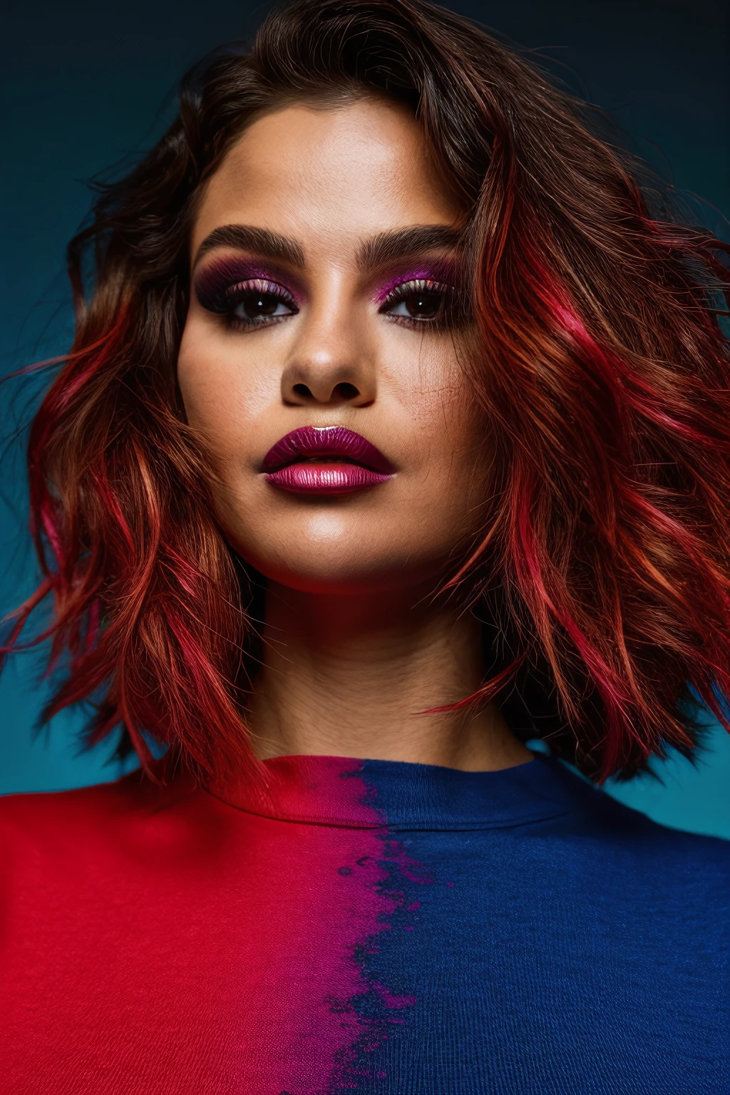 sgo, realistic photograph, curly hair, lips, ((dramatic Makeup)), harsh lighting, sweatshirt, rim lighting, high contrast, (((Vivid colors))), colorful,  abstract, dreamlike, Fashion editorial, dramatic, slender neck, film grain:1.9, moody, epic, masterpiece, wallpaper