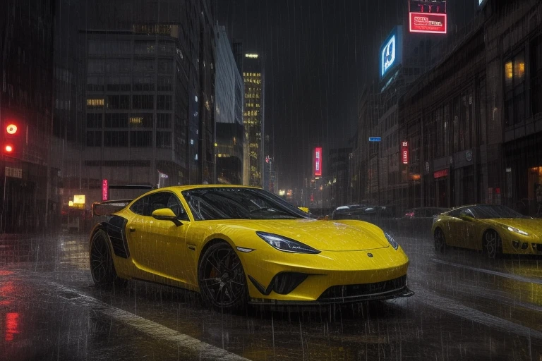 sports cars racing in a neon lighted downtown, (heavy rain:1.5), soaking wet, highly detailed, 8k, masterpiece, best quality