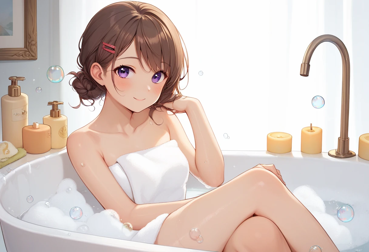 (bubble bath), score_9, score_8_up, score_7_up, source_anime, ultra detailed,  (female focus), 
A picture of a girl sitting in a big bathtub and having a bubble bath. Her body is full of bubble, there bottles of shampoo, towel, bath towel,  looking at viewer with shy and blush. light smile,  from side. leg extending to air, bare leg, hands on thigh.
The girl is a teenage with (yellowish skin), has (medium brown hair) with bangs, (side braid), tender and slender body with small breasts, narrow waist, she has (purple eyes), wearing hairclip and hair flower, (solo).
 , <lora:cocoaHoto_XL-Pony_LoRA-C3Lier_8-8-8-8_AdamW_Un3e-4_Te1.5e-4_10batch:1>,<lora:Bubble_Bath_Pony:1>