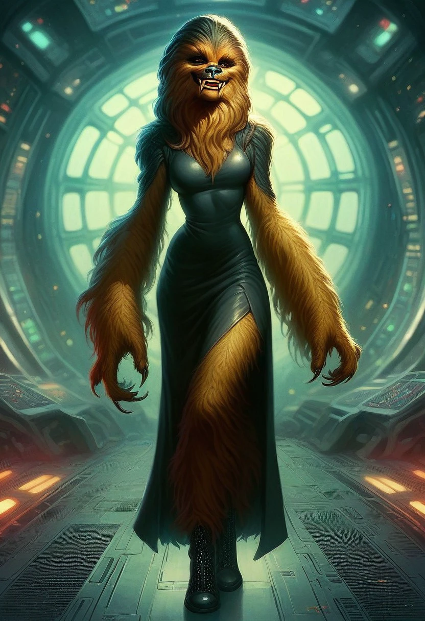 score_9_up, score_8_up, score_7_up, score_6_up, 1girl, solo, fem_w00kie, furry female, fur, fangs, claws, black dress, high heeled boots, standing on an alien planet, smile, (realistic), (painted art:1.3)