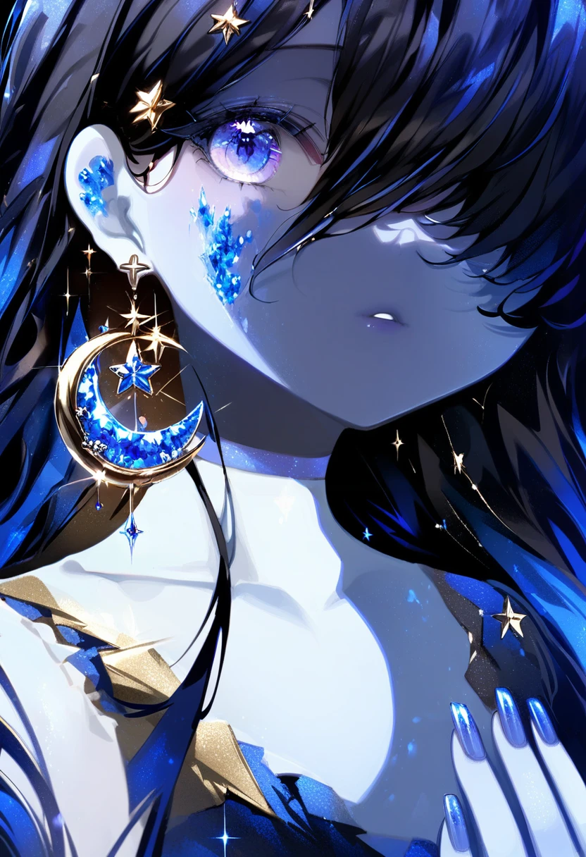 masterpiece, best quality,<lora:OH4XL_ANI31_lokr_V4312:0.95>1girl, solo, blue nails, jewelry, blue eyes, earrings, crescent, long hair, blue hair, star \(symbol\), blue theme, looking at viewer, colored skin, hair over one eye, parted lips, choker, nail polish, crescent earrings, collarbone, portrait, blue skin, sparkle, blue choker, upper body, black hair, multicolored hair, one eye covered, dress