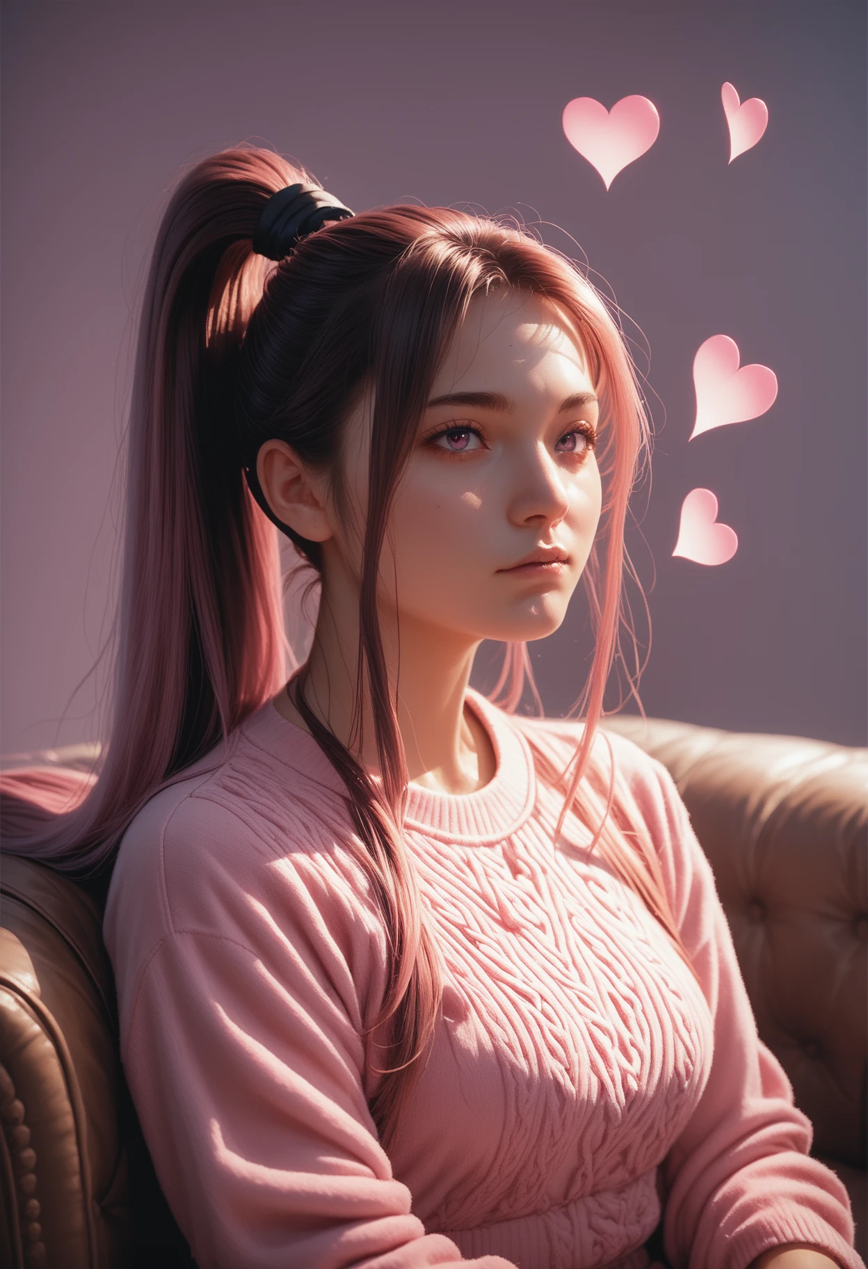 score_9,score_8_up,score_7_up, couch surrounded by pink mist, floating hearts  <lora:heartmiststyle-000001:1>, sitting, upper body, high ponytail, long hair, 1girl, seij <lora:Seij-000001:1>