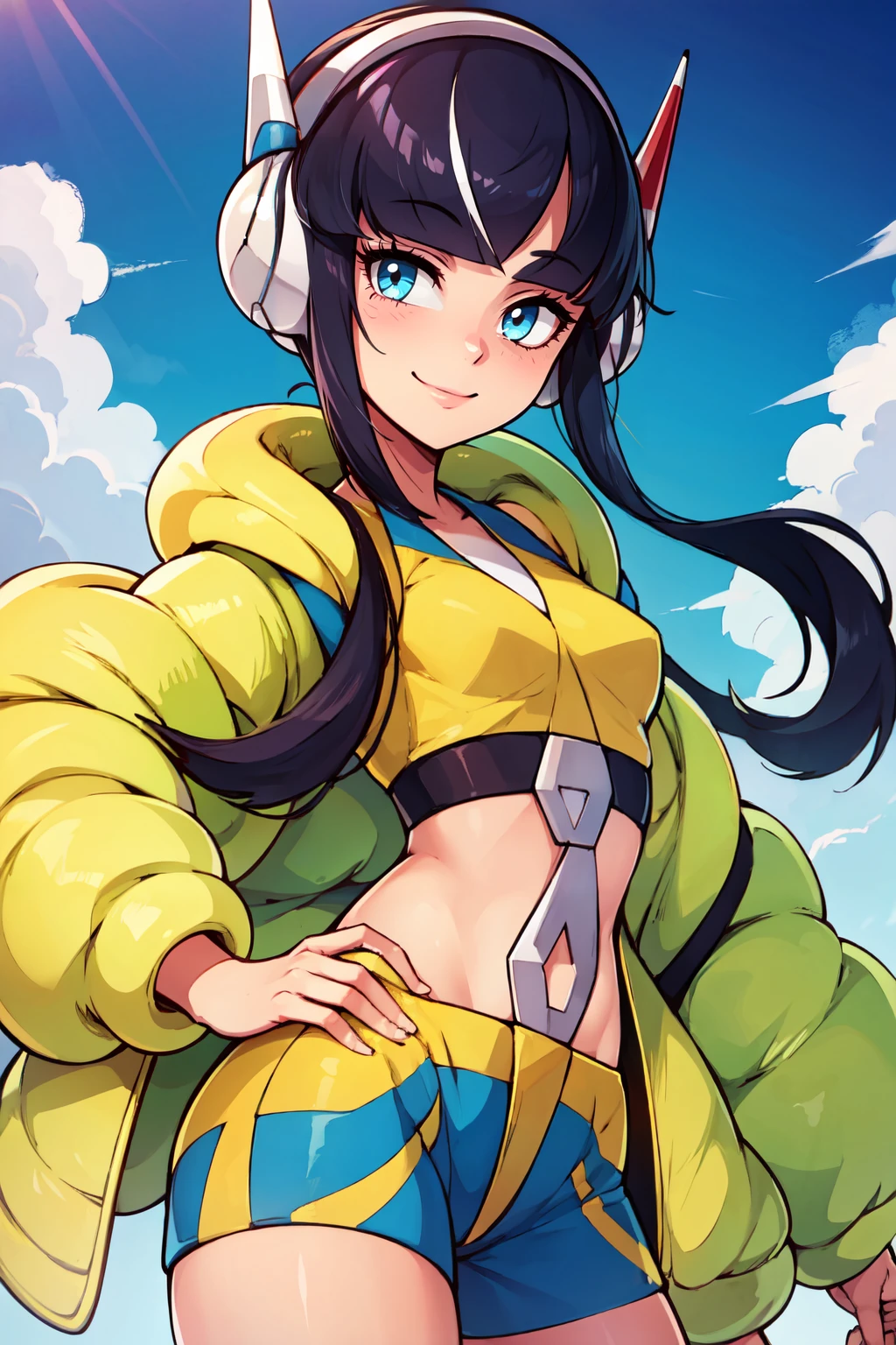 ((masterpiece,best quality)), absurdres,   BREAK, <lora:Elesa_Pokemon_v2:0.8>, elesa (pokemon), black hair, streaked hair, long sidelocks, blunt bangs, headphones,   pokemon bw2, yellow jacket, puffy jacket, crop top, yellow and blue shorts, solo, smile, looking at viewer, cowboy shot,